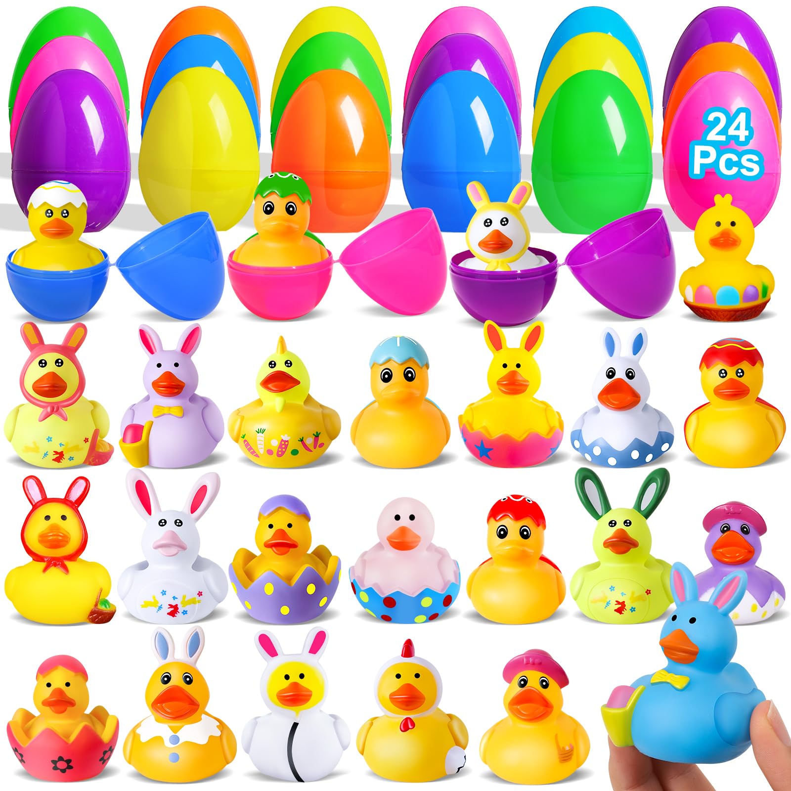 24 Pcs Prefilled Easter Eggs with Rubber Ducks, Easter Basket Stuffer for Teens, Easter Ducks for Jeeps, Fun Baby Bath Toys for Kids, Easter Party Favors, Toddler and Baby Gifts