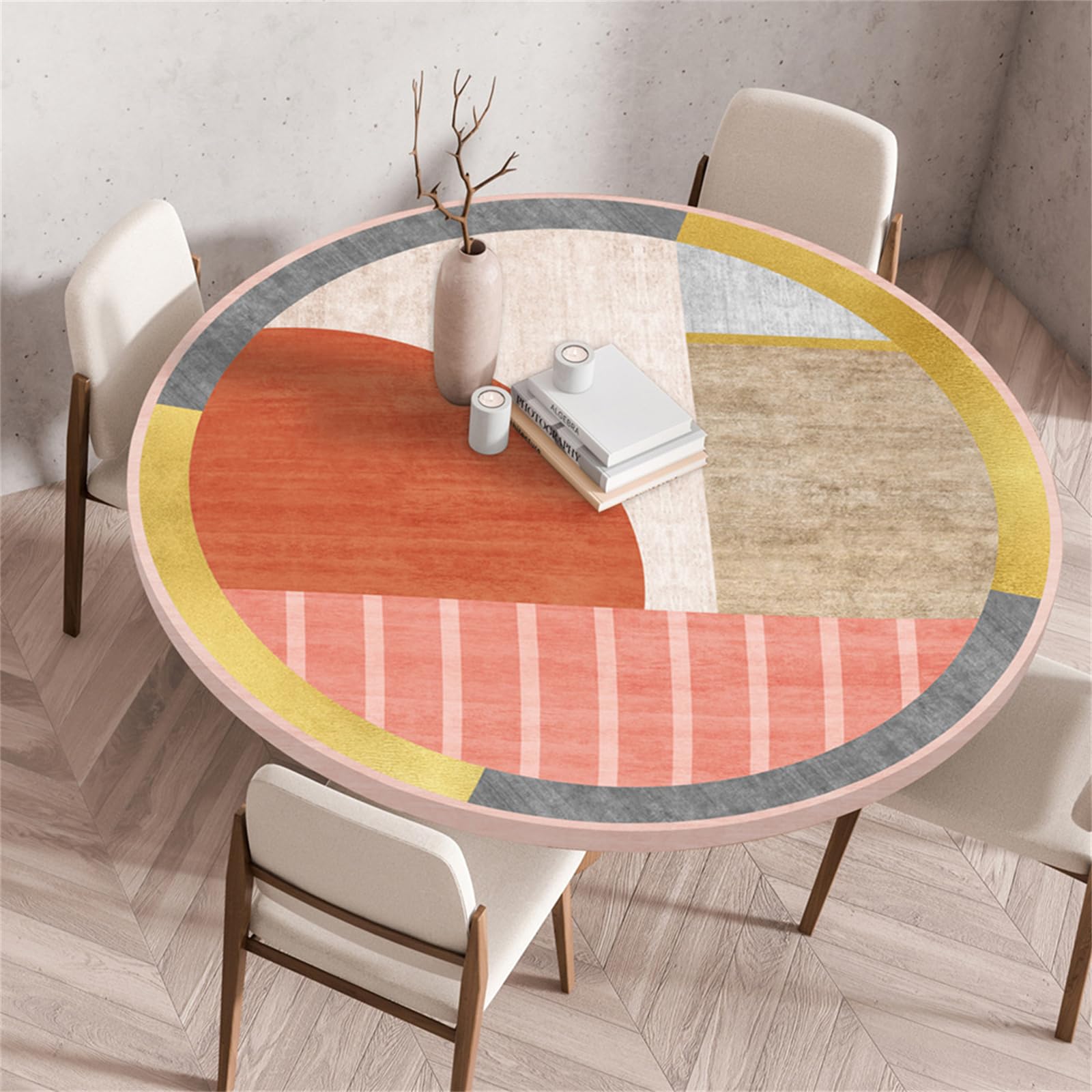 Muiuou Outdoor Elastic Fitted Round Tablecloth, Printing Reusable Waterproof Oil-Proof Wipeable Round Table Cover Cloth, Fitted Kitchen Restaurant Home Decoration (Diameter 130cm,Style 19)