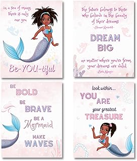 Mermaid Room Decor For Girls Bedroom, Black Girl Wall Art Posters, 8x10 UNFRAMED POSTERS, Mermaid Decor for Girls Room, Unicorn Wall Decor, Mermaid Decor For Girls Bedroom, Mermaid Pictures Wall Art, Black Mermaid