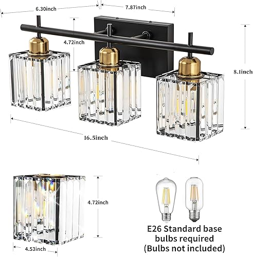 Miniatura 4 de Modernas luces de tocador de cristal para baño, lámpara de tocador negra y dorada mate, lámpara de baño de 3 luces sobre espejo, aplique de pared