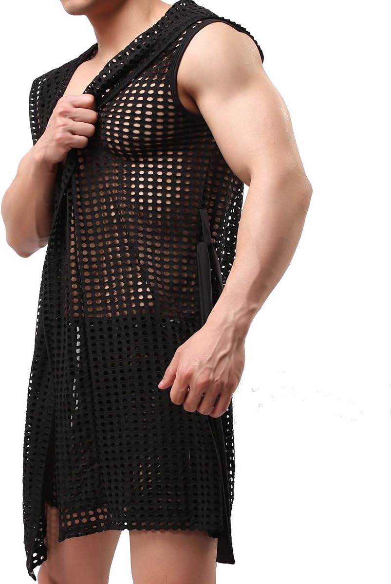 YUFEIDA Men's Sexy Hooded Sleeveless Robes Bathrobes Mesh See-Through Lingerie Sleepwear Pajamas