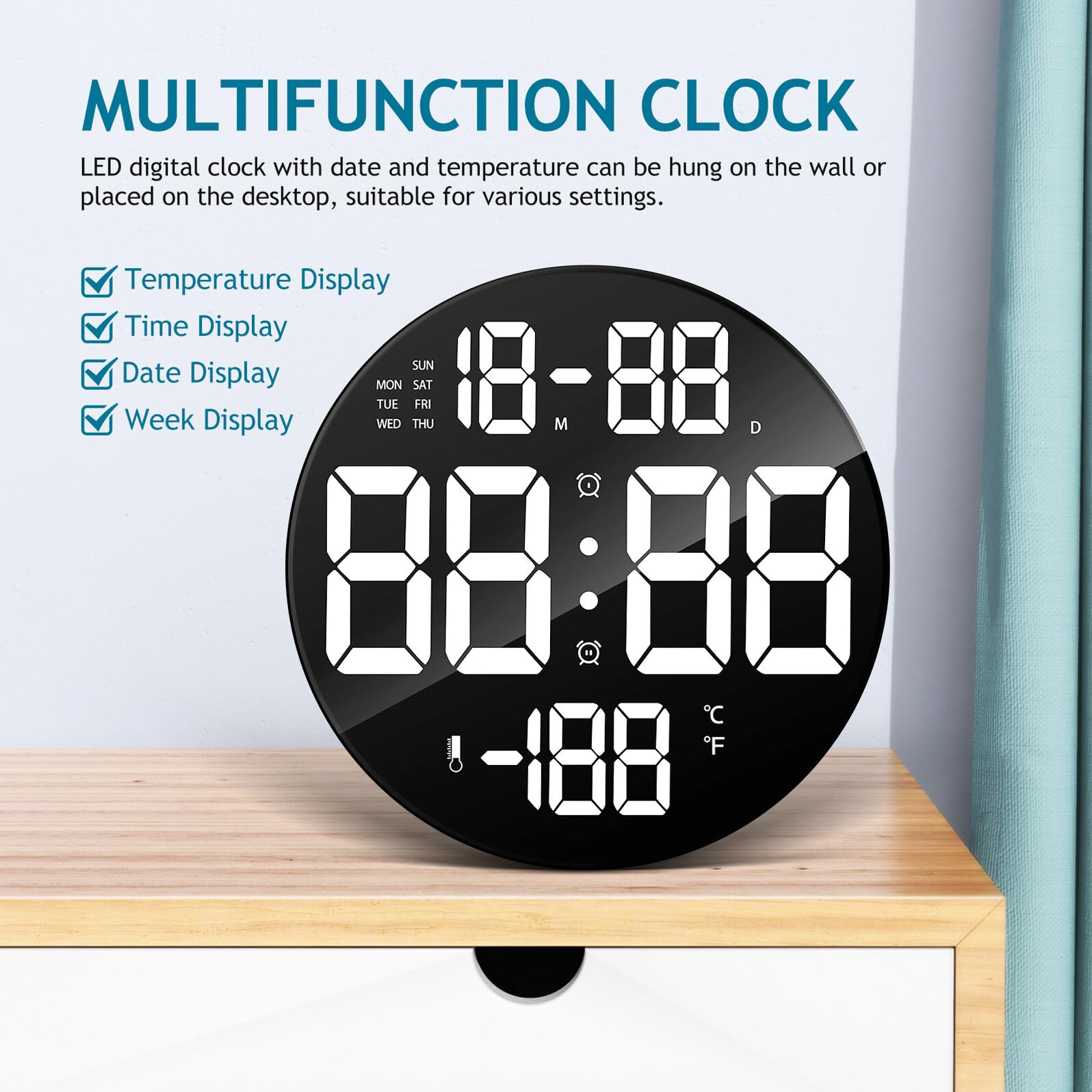 NUOBESTY Reloj Digital de Pared y Sobremesa LED con Mando Distancia Alarma Calendario Temperatura Brillo Ajustable y Soporte Desmontable para Dormitorio y Oficina
