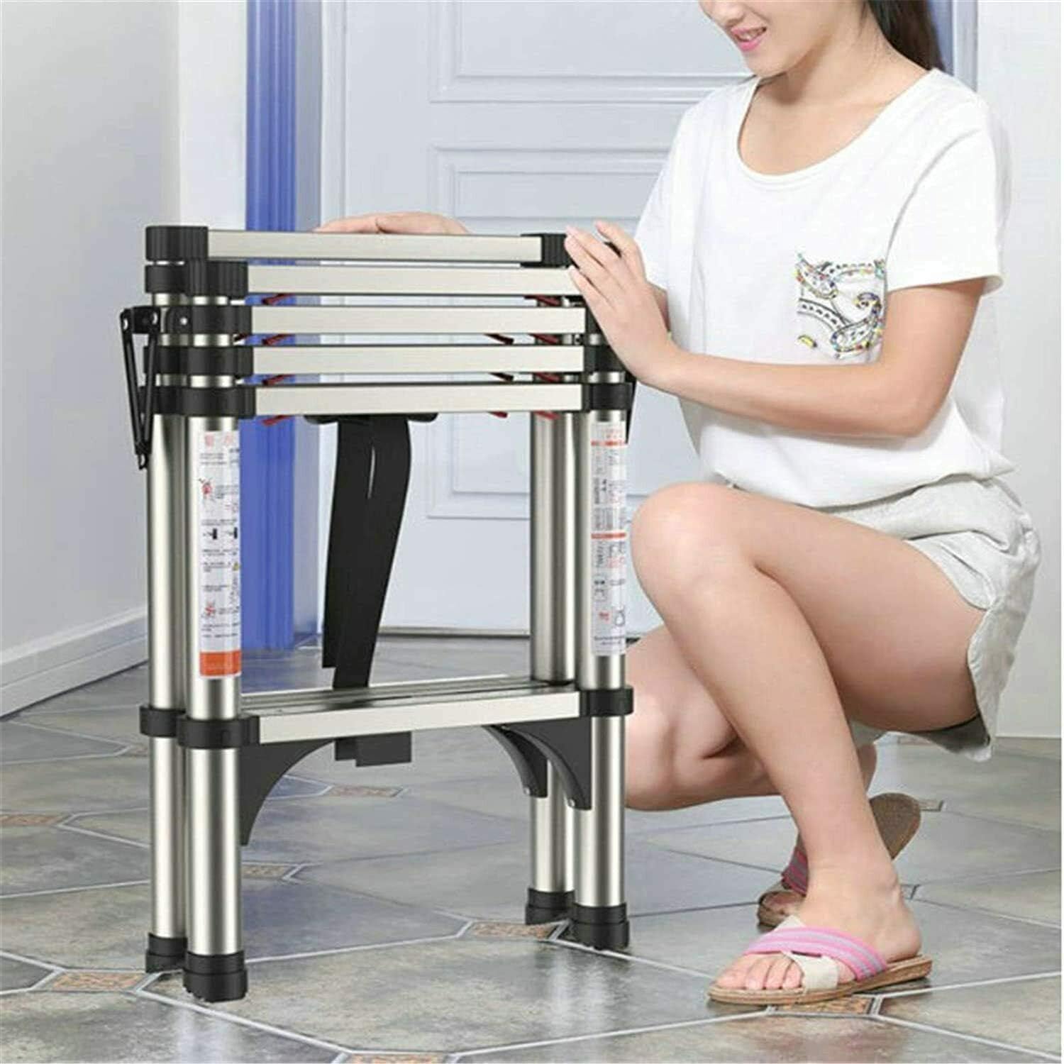 Extension Ladder 4+5 Step Ladders for Home Aluminium Herringbone Ladder 4.4FT Telescoping Ladder Type A Frame Portable Compact Attic Ladder, 330lbs Load Capacity for Loft Extendable Ladders