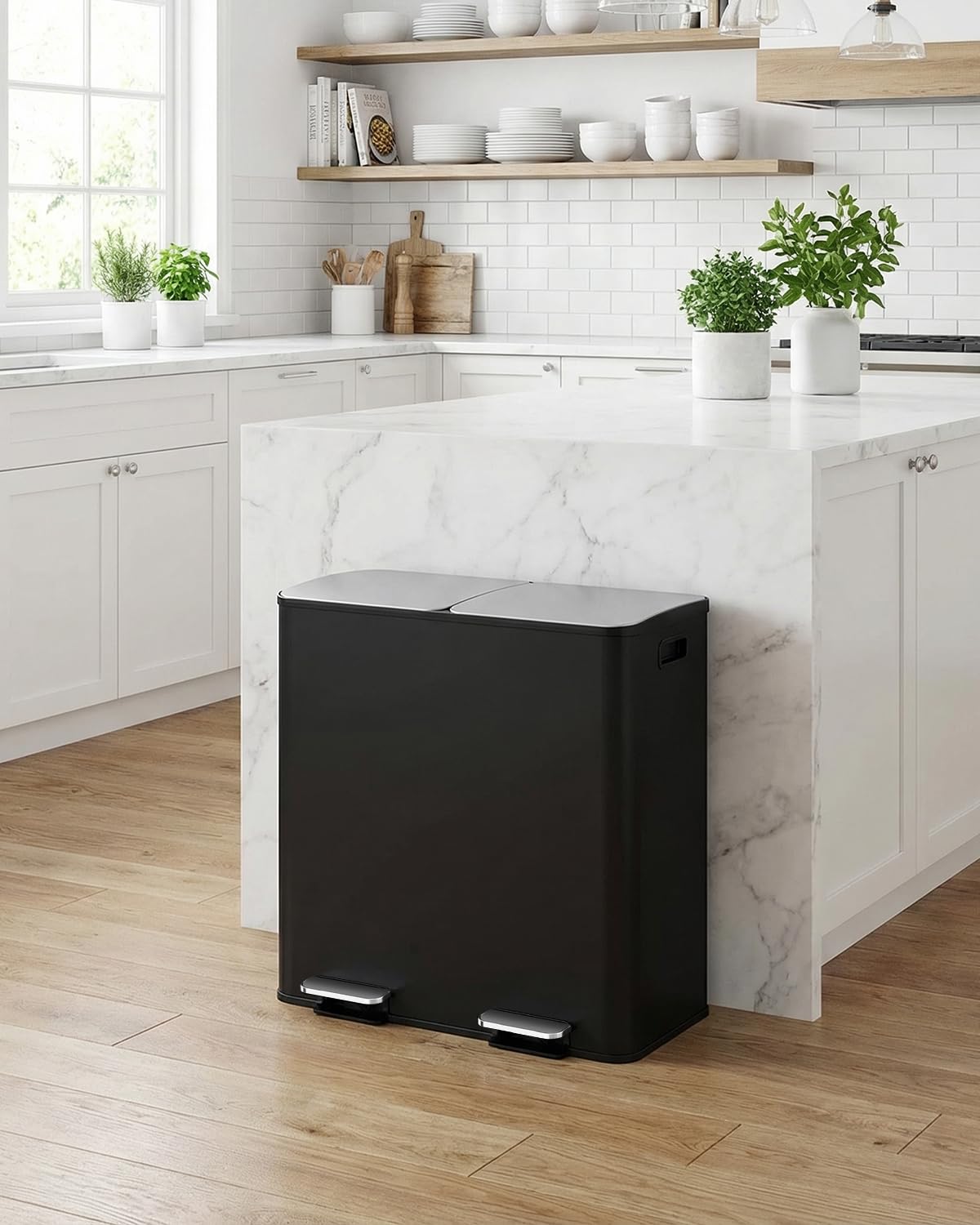 Arlopu 2 x 10.6 Gallon (2 x 40 L) Dual Trash Can with Odor-Control Box, Large Stainless Steel Garbage can, Step-on Recycle Bin, Soft-Close Lid & Removable Inner Buckets, for Kitchen, Office (Black)