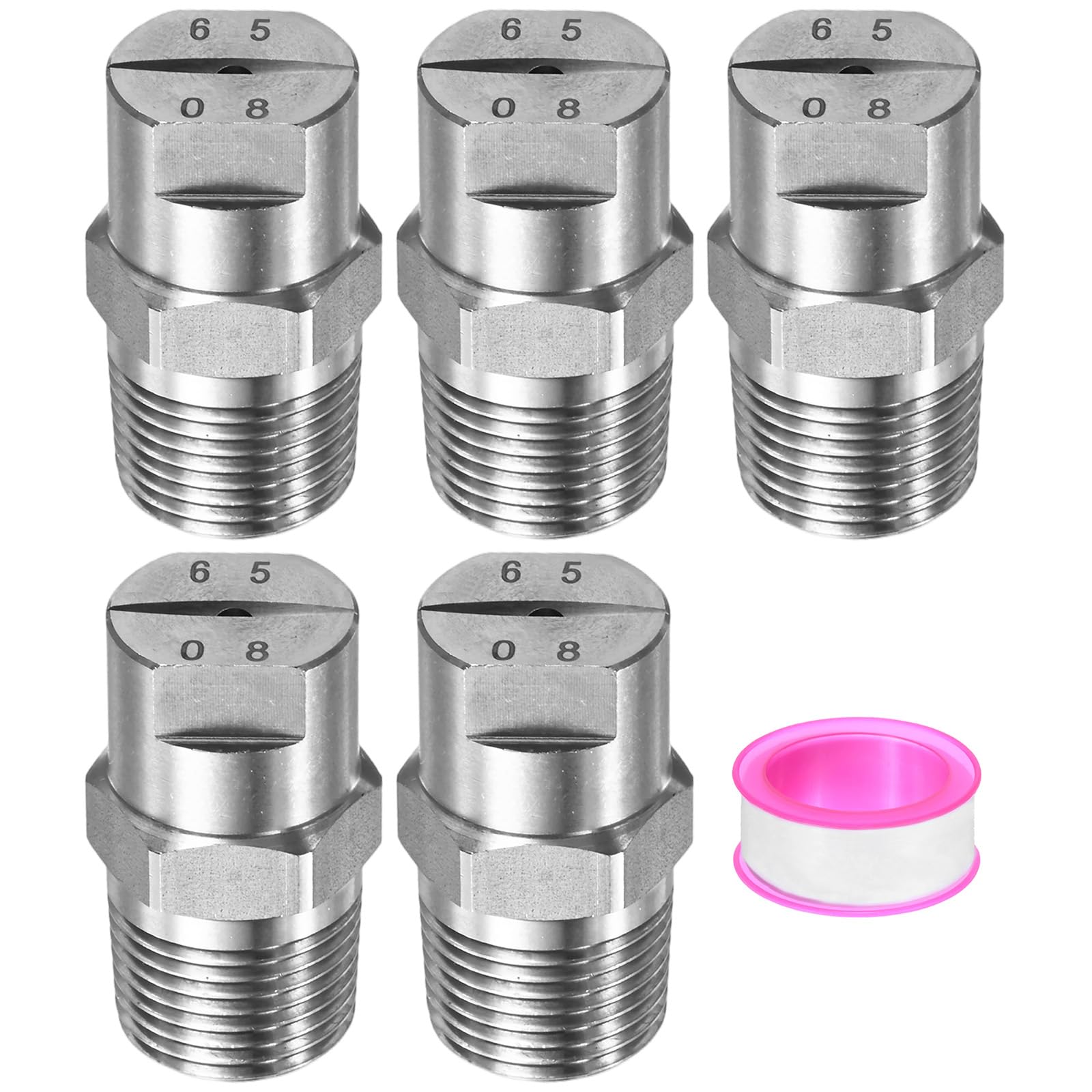 M METERXITY 5-Pack Sprayer Nozzle Tips, 3/8 BSPT Male Thread 65° 304 Stainless Steel Flat Fan Spray Tips with Tape for Irrigation, Replacement of Knapsack Nozzles [Silver Tone, 1.8mm Pore]