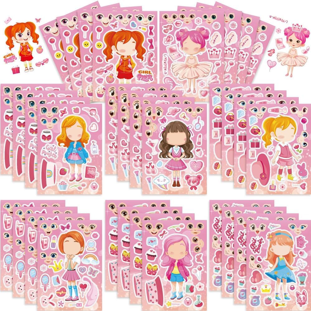 16 Sheets Cartoon Girl Stickers - Create Your Own Custom Sticker Sets for Kids, Birthday Gifts, Party Supplies, Teacher Crafts, Games, and School Event Rewards