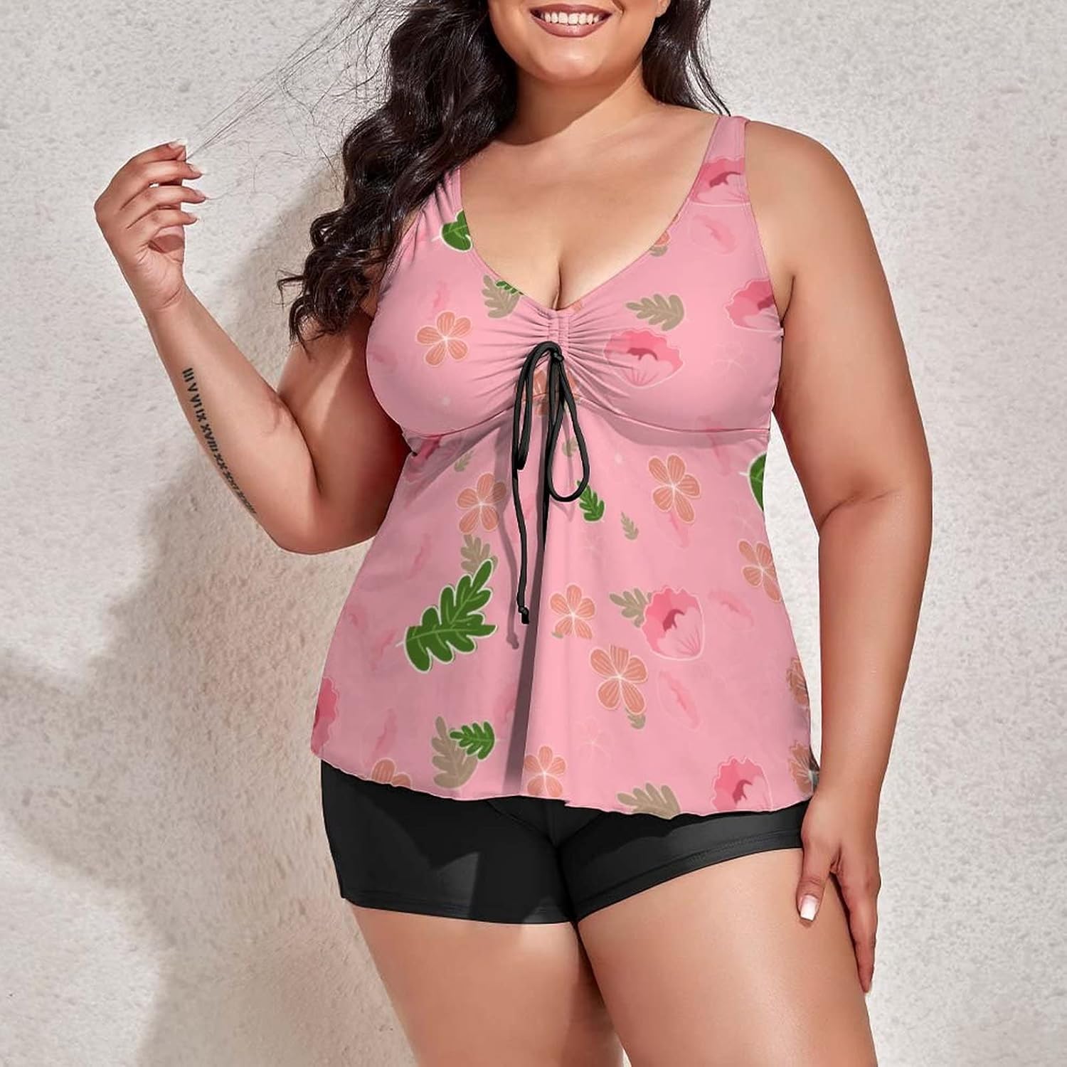 Plus Size Tankini Swimsuits for Womens Pink Floral Flowers Seamless Pattern Tankini Bathing Suit Tummy Control Swim Dress Two Piece Spring Summer Flower Swimsuits with Top/Boyshorts