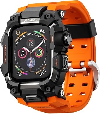 ULTIMAL Rugged Case with Band for Apple Watch Band 45mm,Compatible with Apple Watch Series 9/8/7 45mm,Military Grade Shockproof Bumper Cover for iWatch Tactical Band Men Orange, 45mm