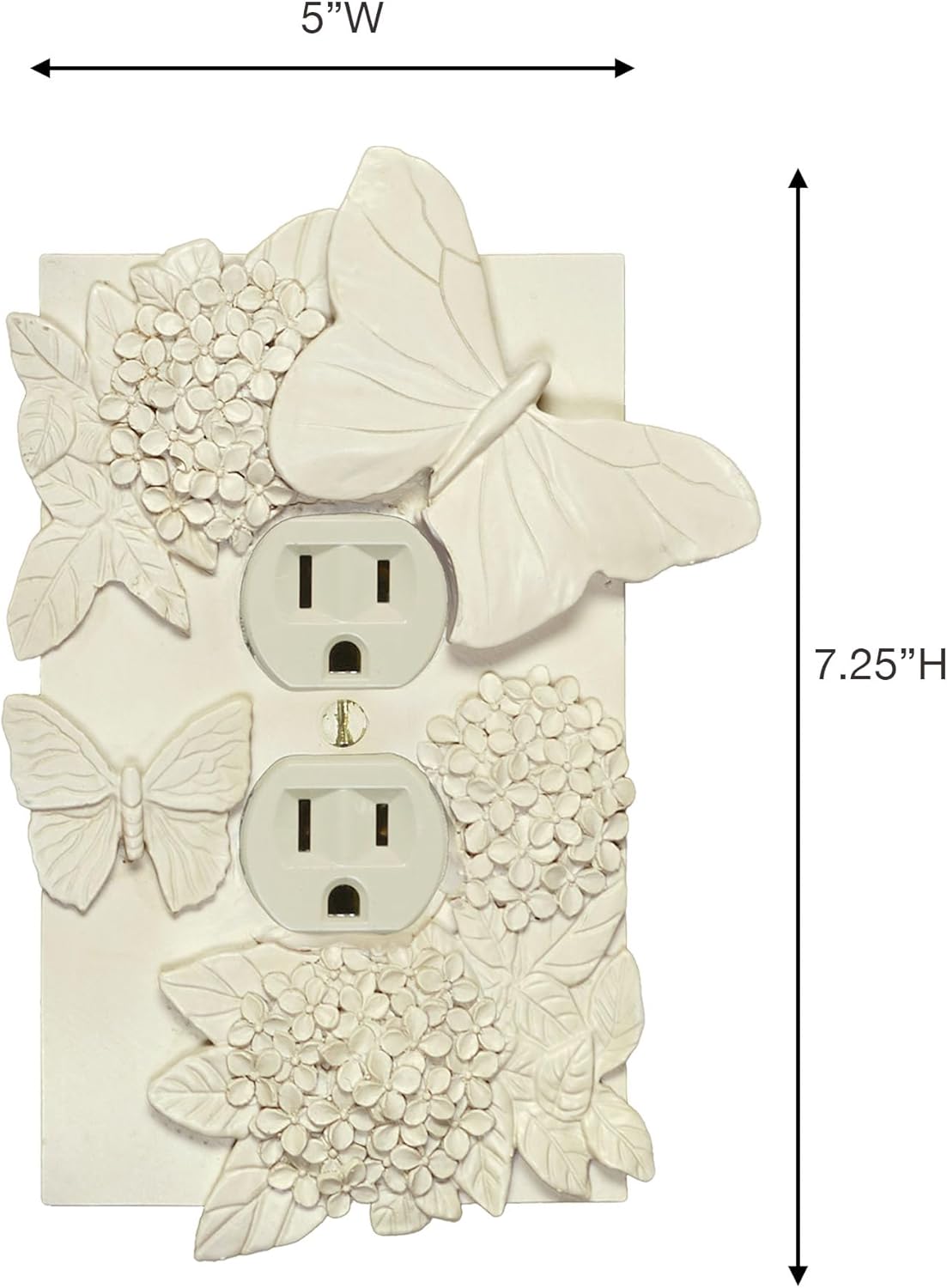 Butterfly In Bloom Lighting Switchplate | Handpainted Antique White | 1-Gang Single Outlet (2 Socket Plugs) Cover | Vintage Garden Butterflies & Hydrangea Flowers | Color-Match Hardware is Included