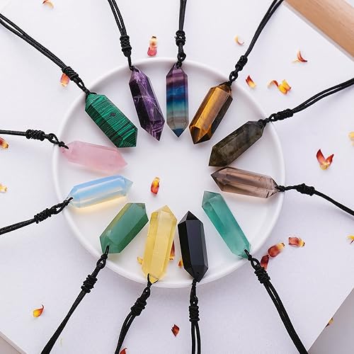 Miniatura 4 de Apengshi Collar de cuarzo de cristal curativo natural de doble punta, collar de cuarzo de cristal natural, 6 chakras facetados, varita de cristal,