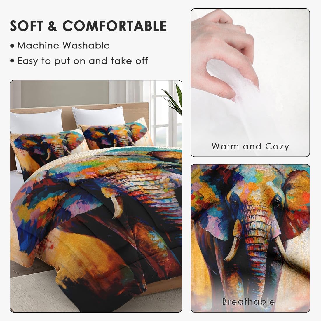 WeCozy Twin Size Comforter Set with Pillowcase, Colorful Wild Animal Elephant Soft 2 Pcs Bedding for Kids and Adults Bedroom Bed Decor