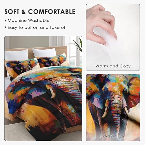 Miniatura 5 de WeCozy Juego de edredón tamaño King con 2 fundas de almohada, pintura colorida de árbol, animal, elefante, juego de ropa de cama suave para niños y