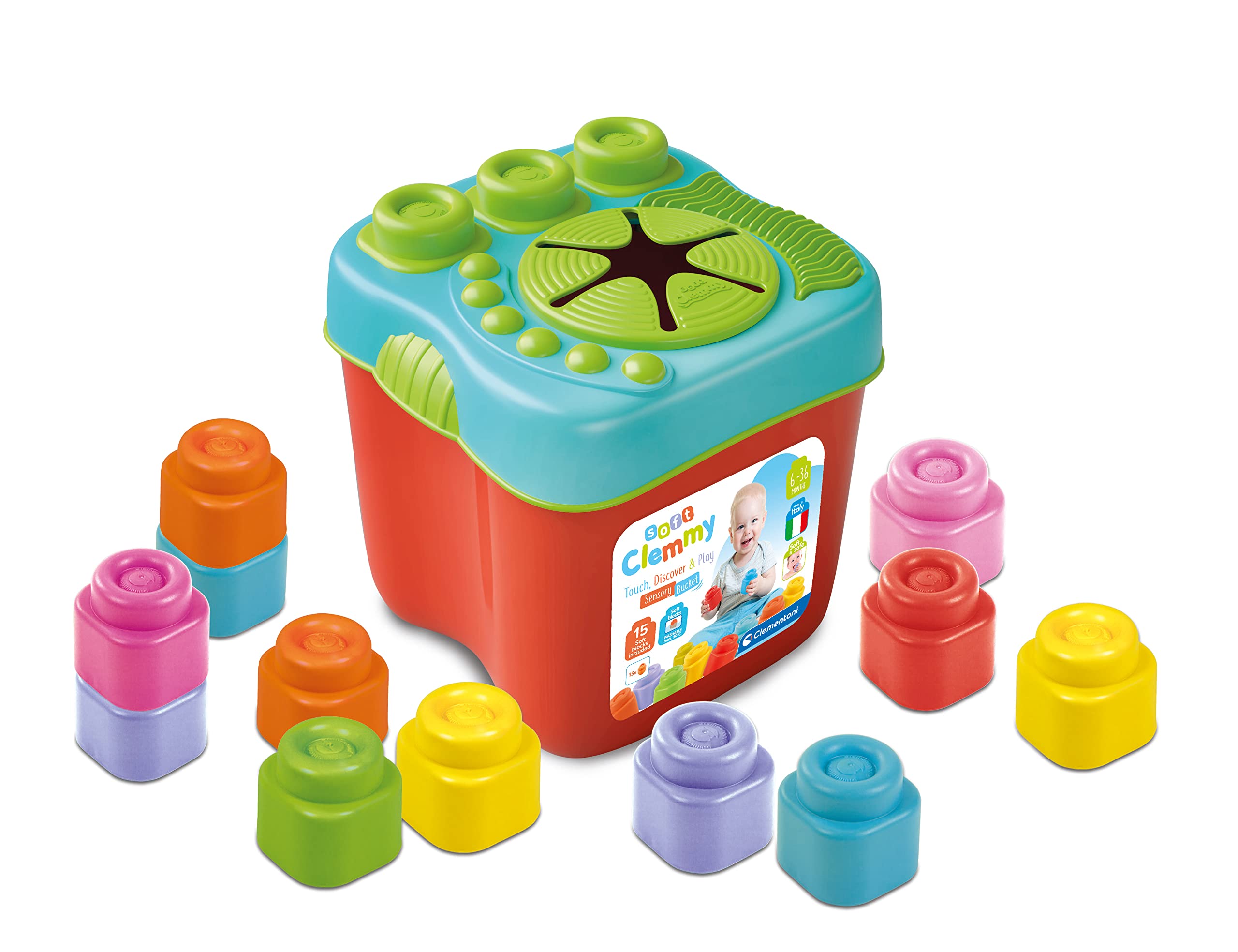 Clementoni- Clemmy Sensory Bucket with Soft Blocks for Babies - 15 Pieces, Develops Motor Skills & Sensory Play (6+ Months)