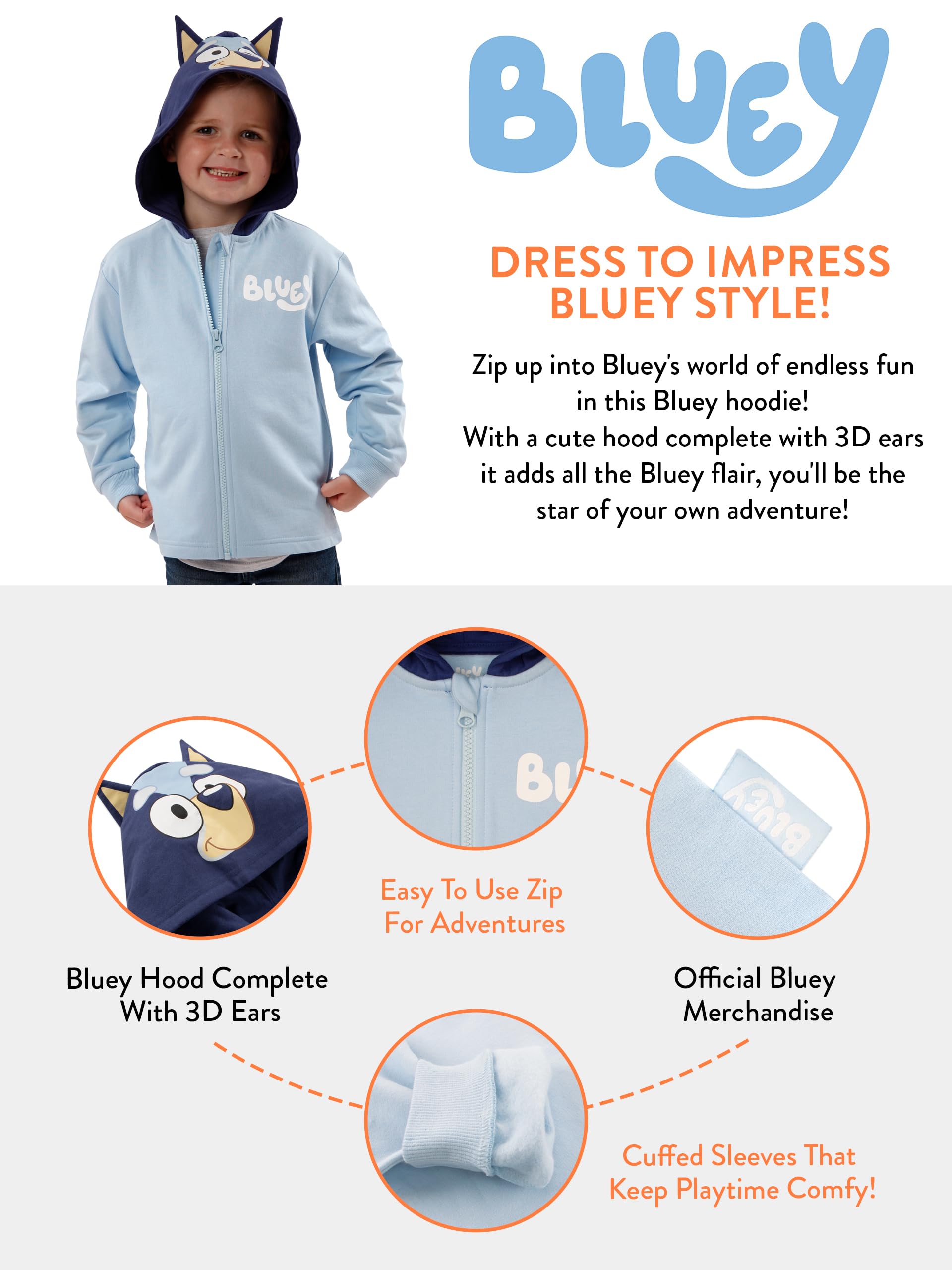Bluey Niebieska Z Kapturem Z Uszami 3D | Bluza Z Kapturem | Kostiumowa Bluza Z Kapturem Dla Chłopców | Oficjalny Towar