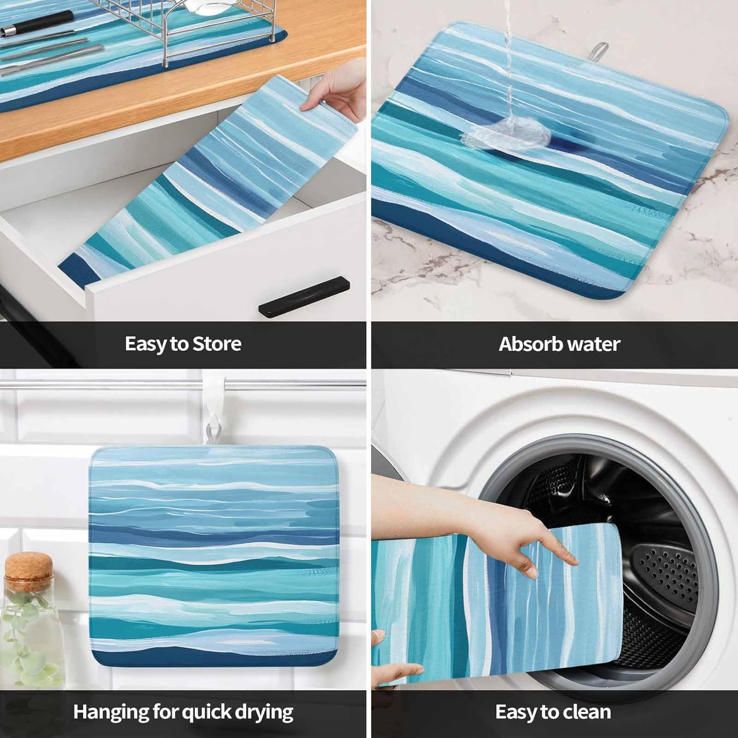 Dish Drying Mat Set of 2 Ocean Blue Wavy Microfiber Absorbent Reusable Washable Dish Drying Rack Mat Watercolor Stripes Coffee Mat for Coffee Maker Bar Kitchen Countertops 18x24inch