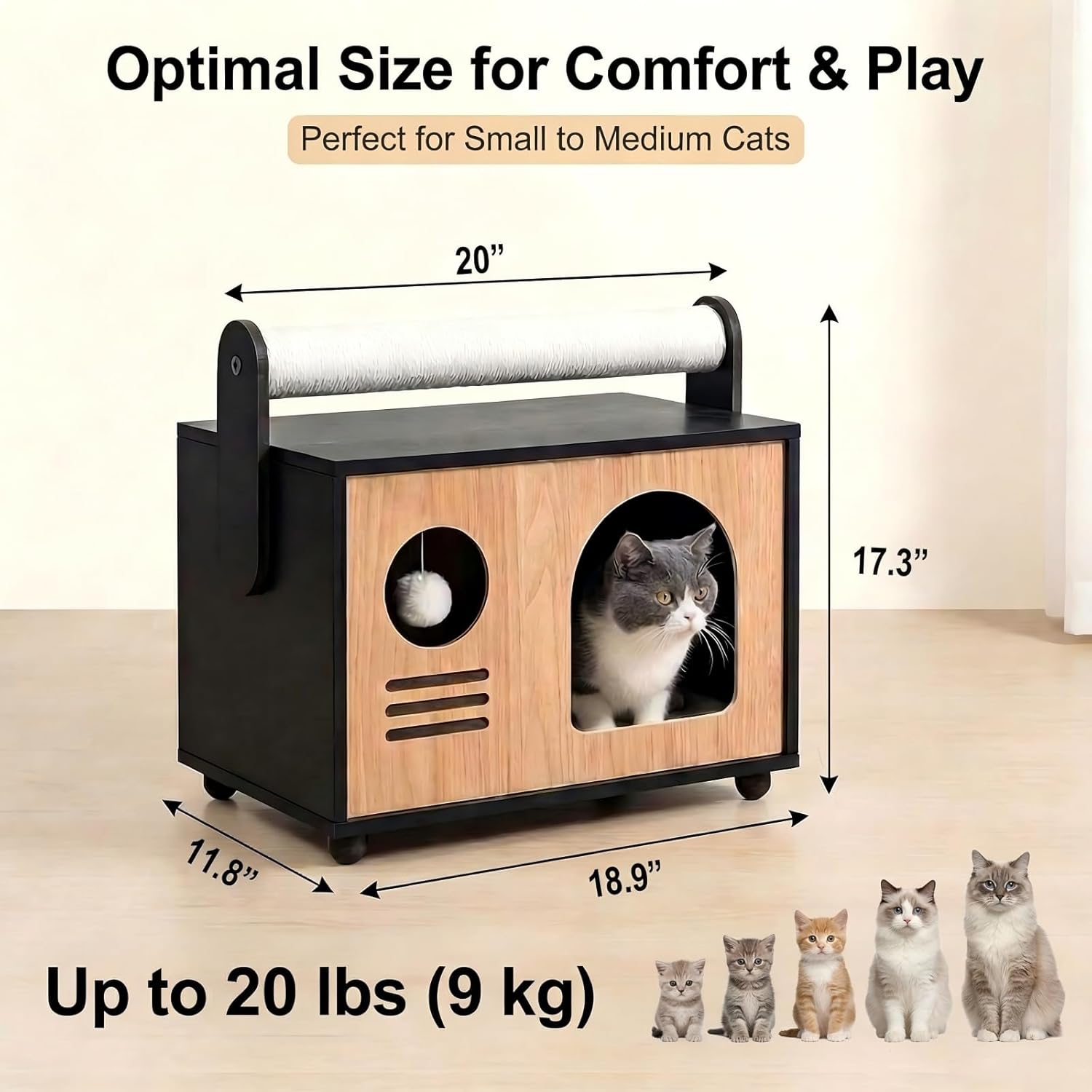 Ecove Family Cat House for Indoor Cats Modern Wooden Cat Cave Condo with Scratching Posts Washable Cushion Durable Cat Furniture Bed for Medium Large Cats