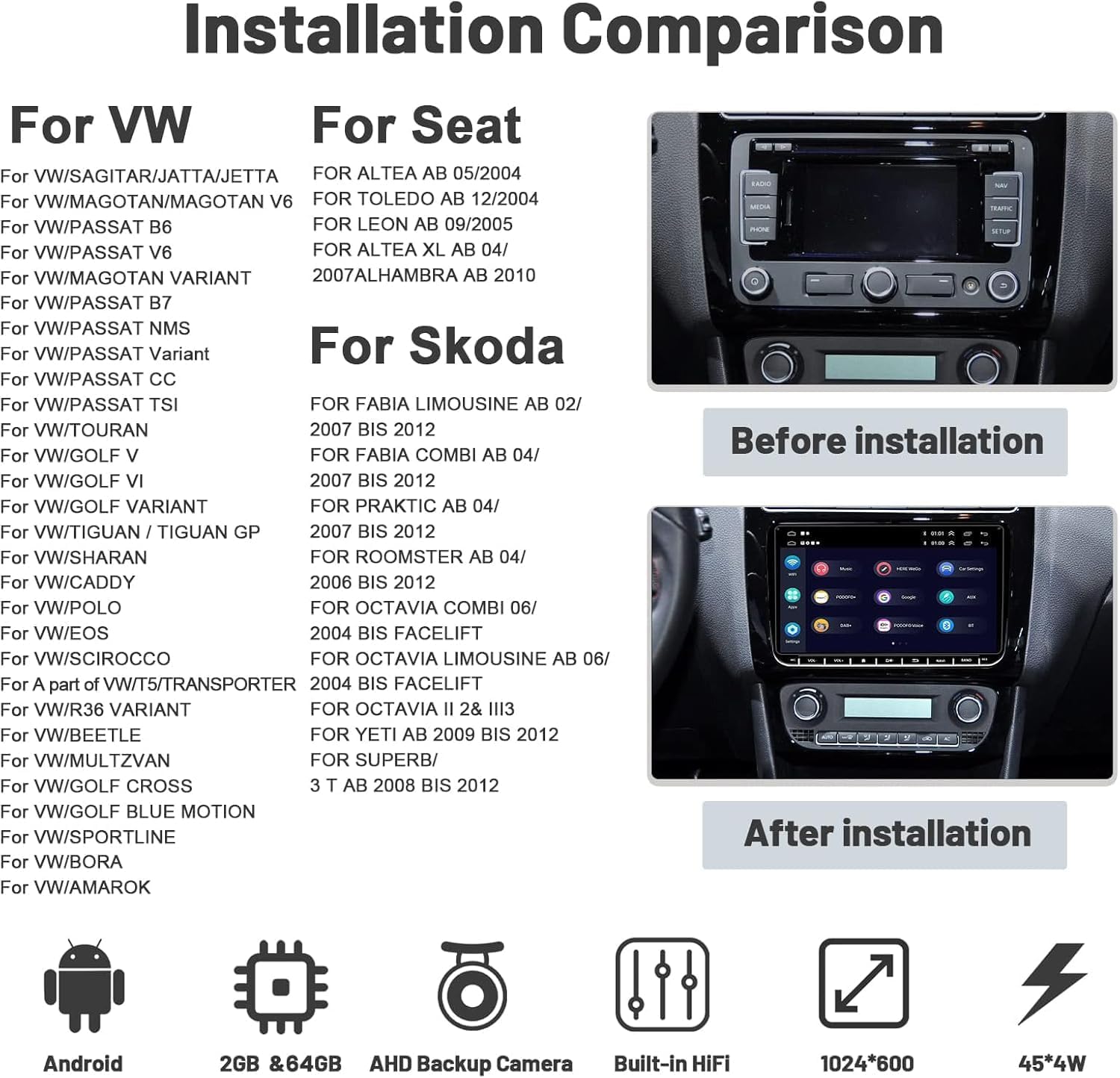 Installation comparison for VW, Seat, and Skoda vehicles