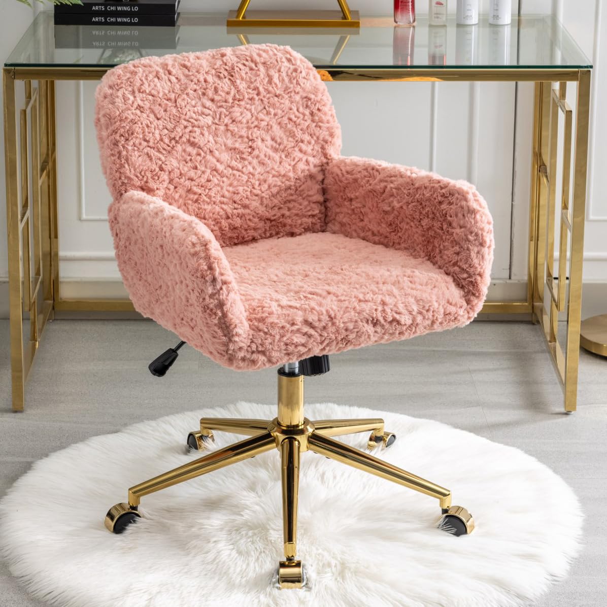 Thctvous Pink Vantiy Desk Chair Comfy, Sherpa Makeup Vanty Chair with Back and Rolling Wheels for Bedroom Home Office,Adjustable High Gold Feet,