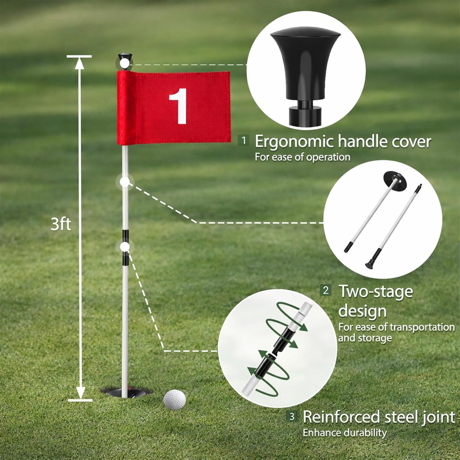 Golf Flagstick with Ball Retrieval Base - Portable Putting Green Flag Stick for Yard, Practice Green, Club, Driving Range, 3FT Height, 5 Pcs