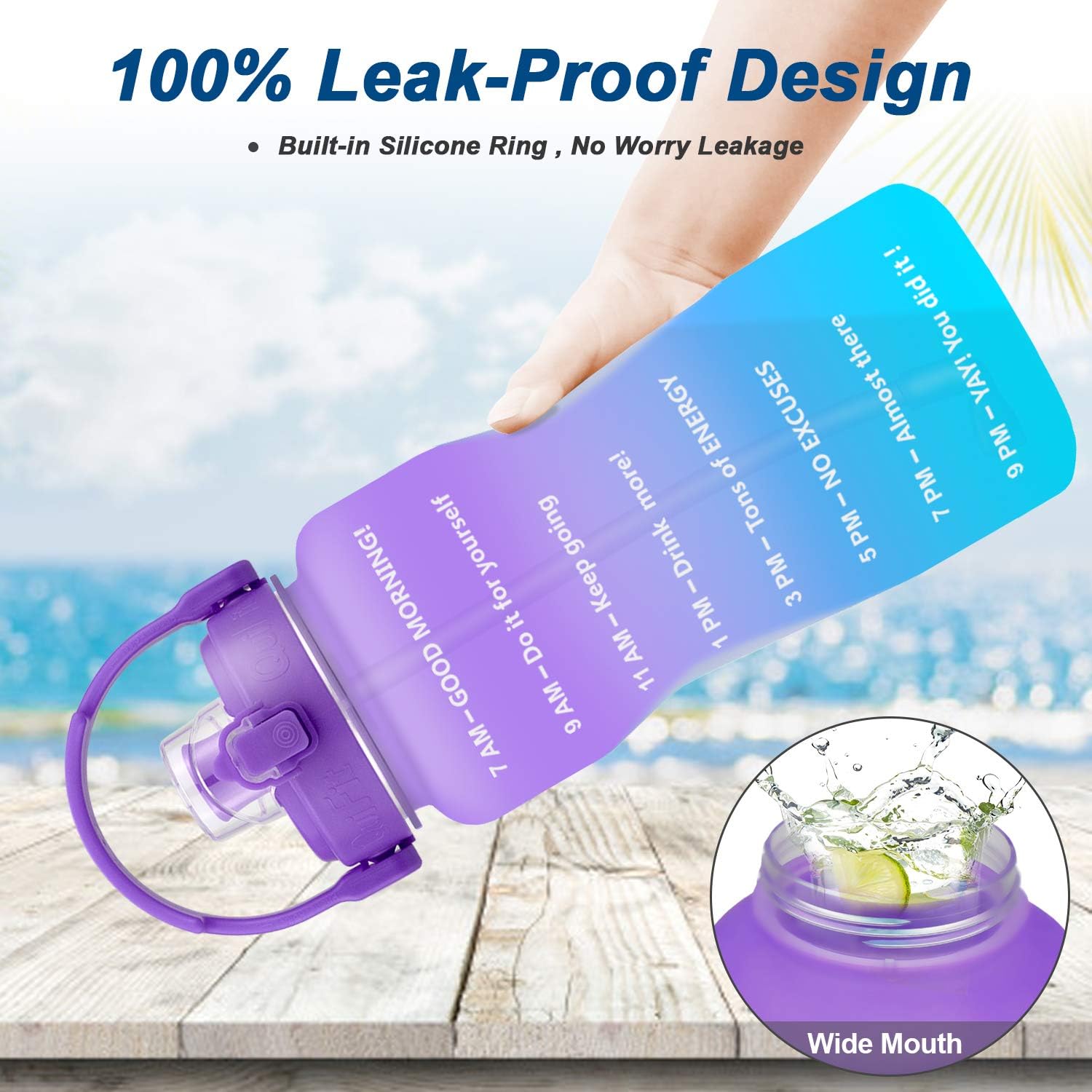 BuildLife Half Water Bottle BPA Free with Removeable Straw & Time Marker Wide Mouth Large Water Jug Reusable Leak-Proof(PurpleA-Blue, 64OZ)