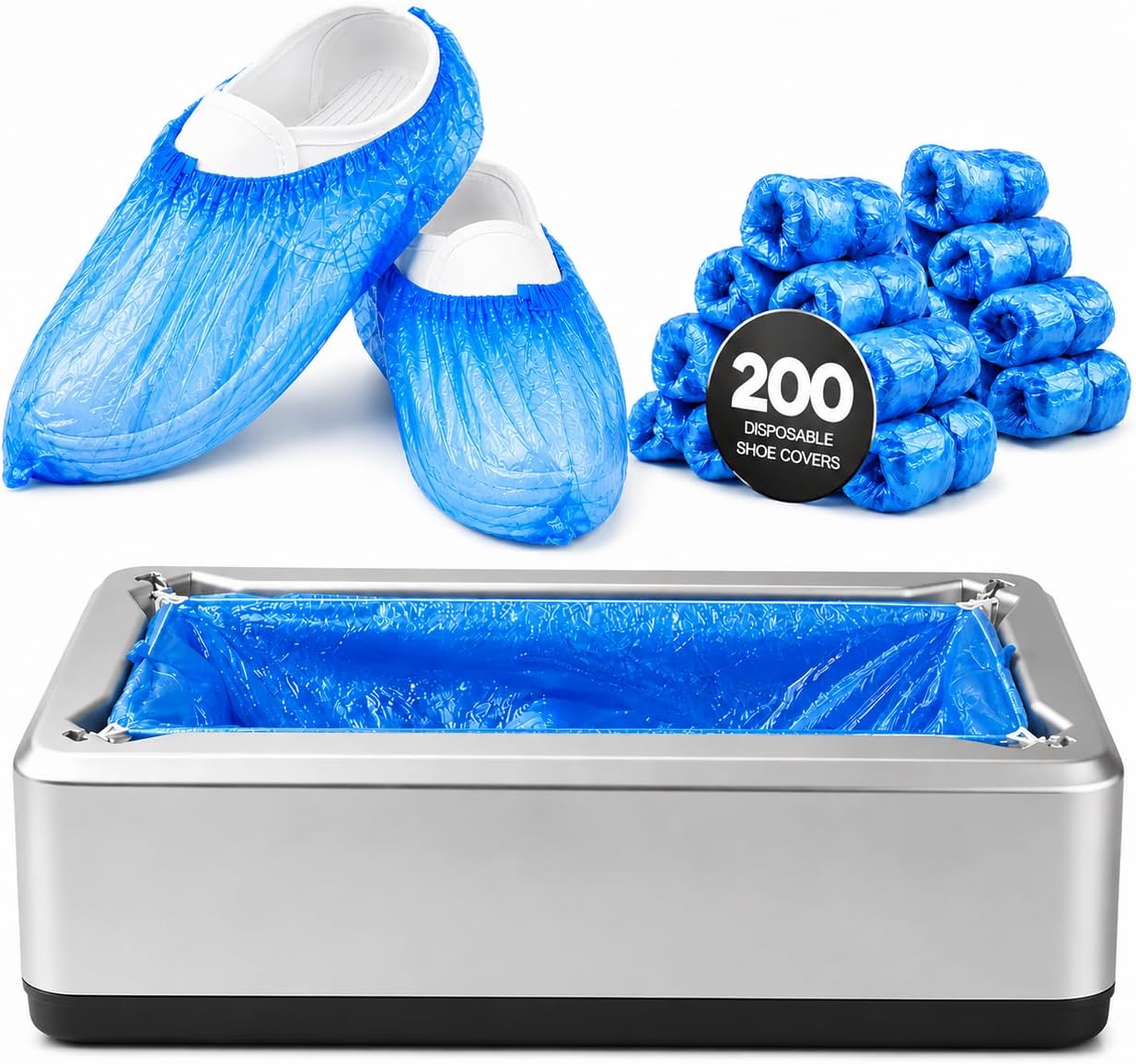 Automatic Shoe Cover Dispenser with 200 Disposable Shoe Covers – Upgraded Shoe Cover Machine Fits Most Shoe Sizes for Home, Office, Factory, Hospital & Laboratory Floor Protection (Silver)