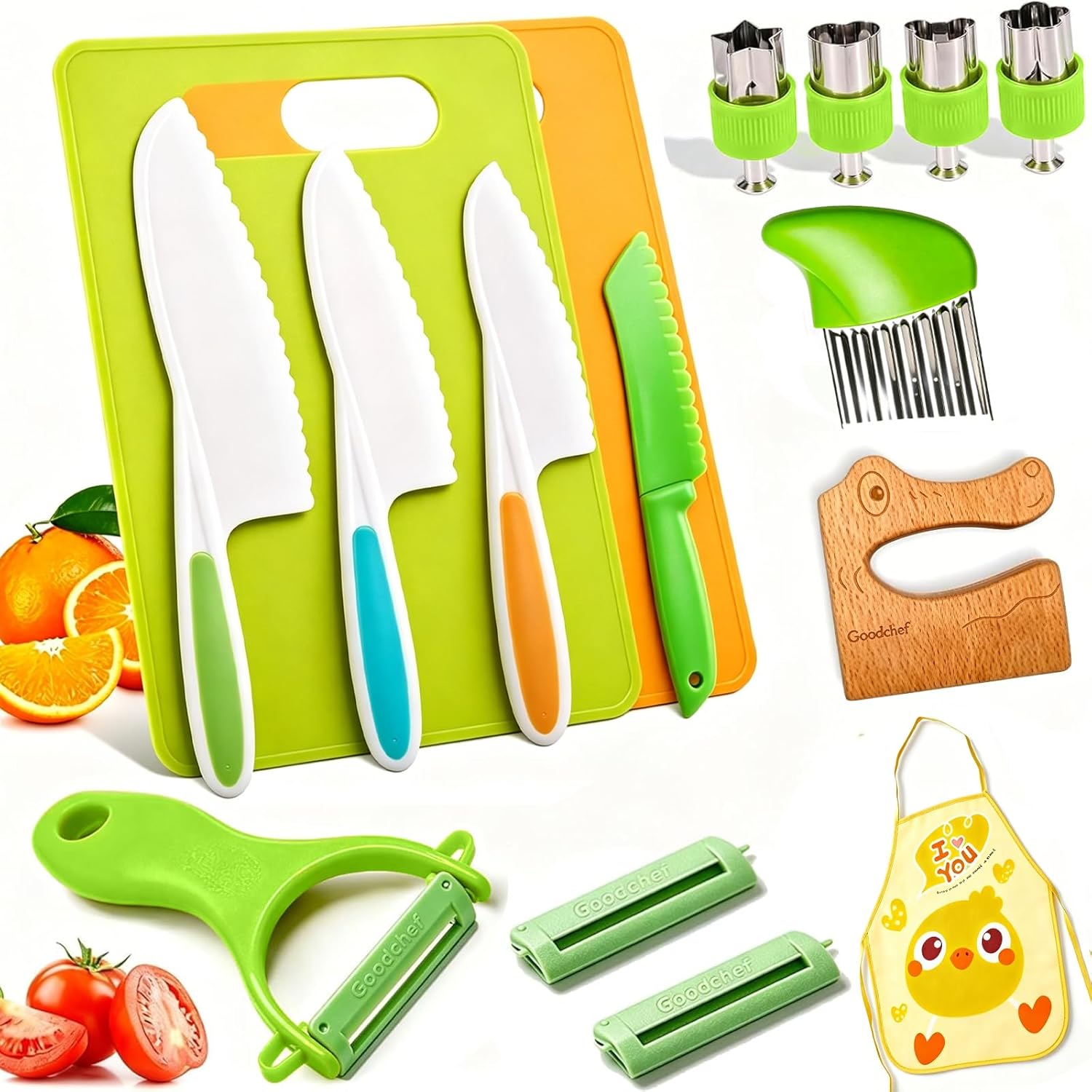 16 Pieces Kids Kitchen Knife Set-Montessori Kitchen for Toddlers Toys-Kids Cooking Set Real with Safe Peeler Plastic Knives Cutting Board Kitchen Gadgets Replacement Parts 3 Year Old Gifts
