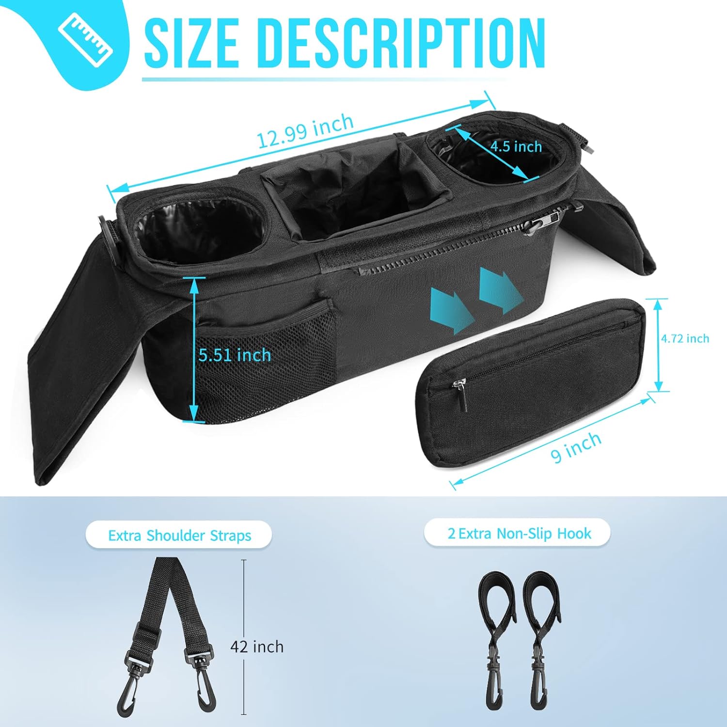 Baby Stroller Organizer with 2 Insulated Cup Holder Detachable Zippered Pocket & Adjustable Shoulder Strap, Universal Stroller Accessories Fits For All Baby Strollers : Baby