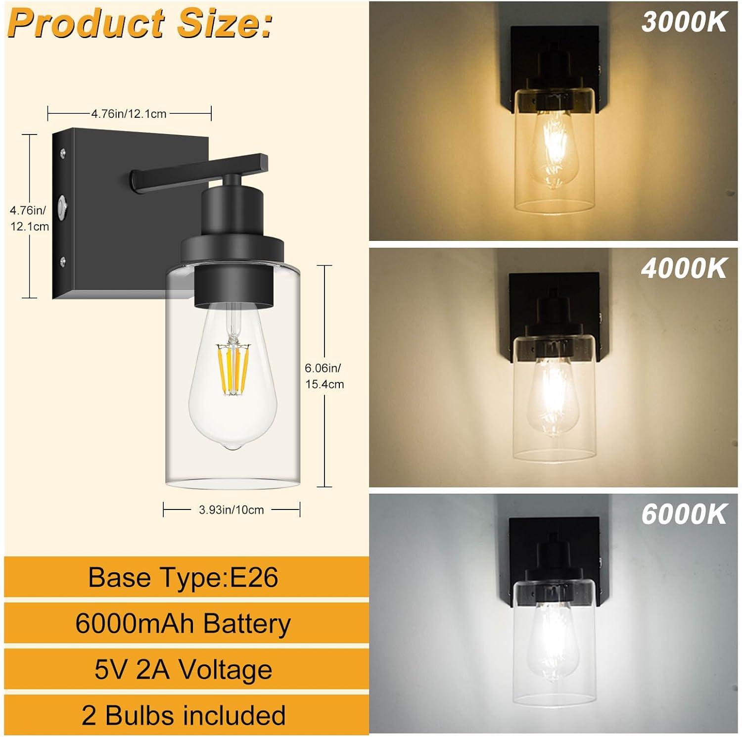 Battery Operated Wall Sconce Set of Two,Vintage Black Wall Light with Glass Shade,6000mAh Rechargeable Wireless Wall Lamp Indoor Dimmable with Remote,Cordless Wall Light Fixtures for Bathroom Bedroom