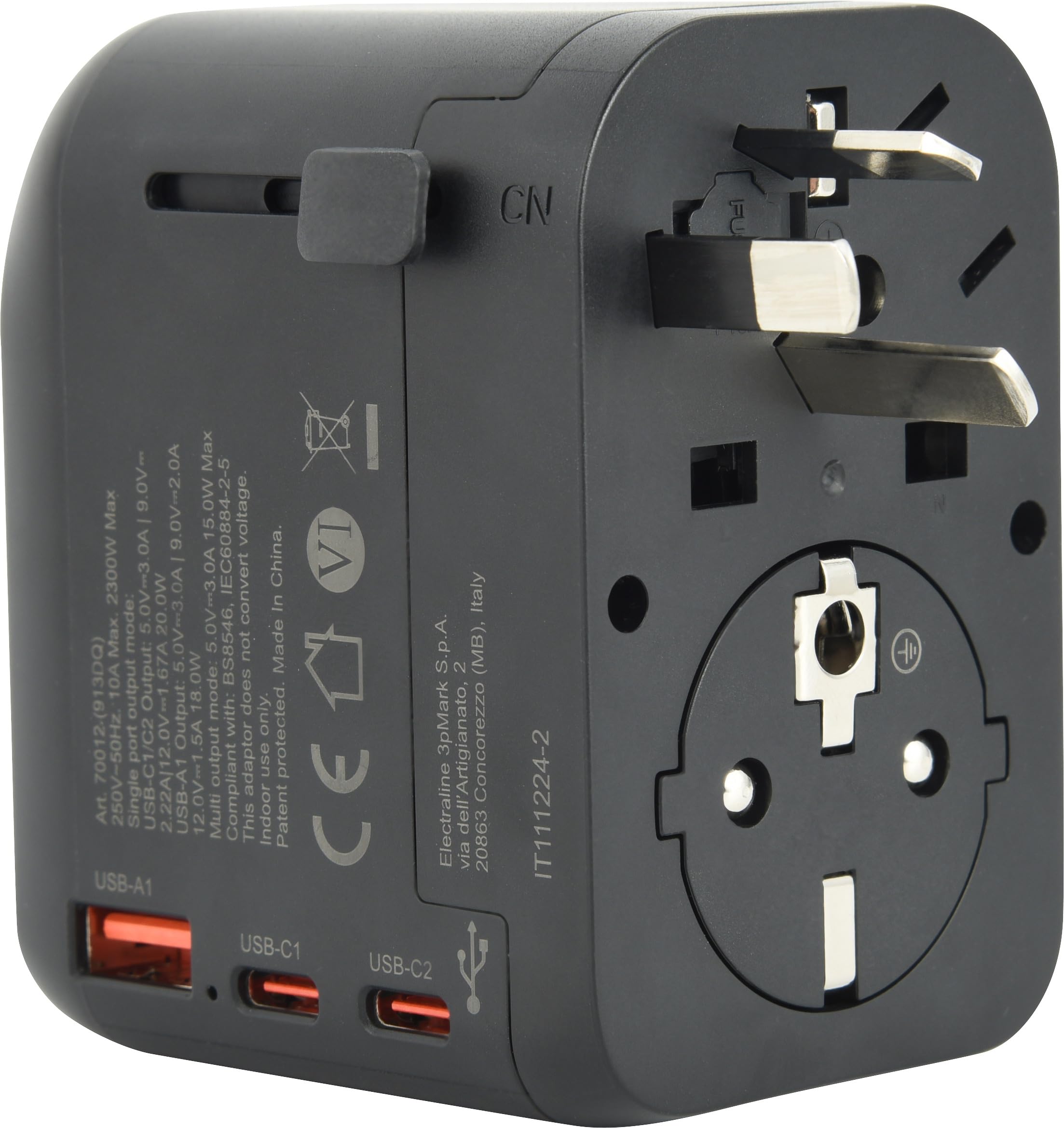 Electraline 70012 Adattatore Universale da viaggio da Europa (presa tipo C, E, F) a Mondo (Spina tipo B, G, I, F, E) con 3 USB (2 USB-C PD20W e 1 USB A)