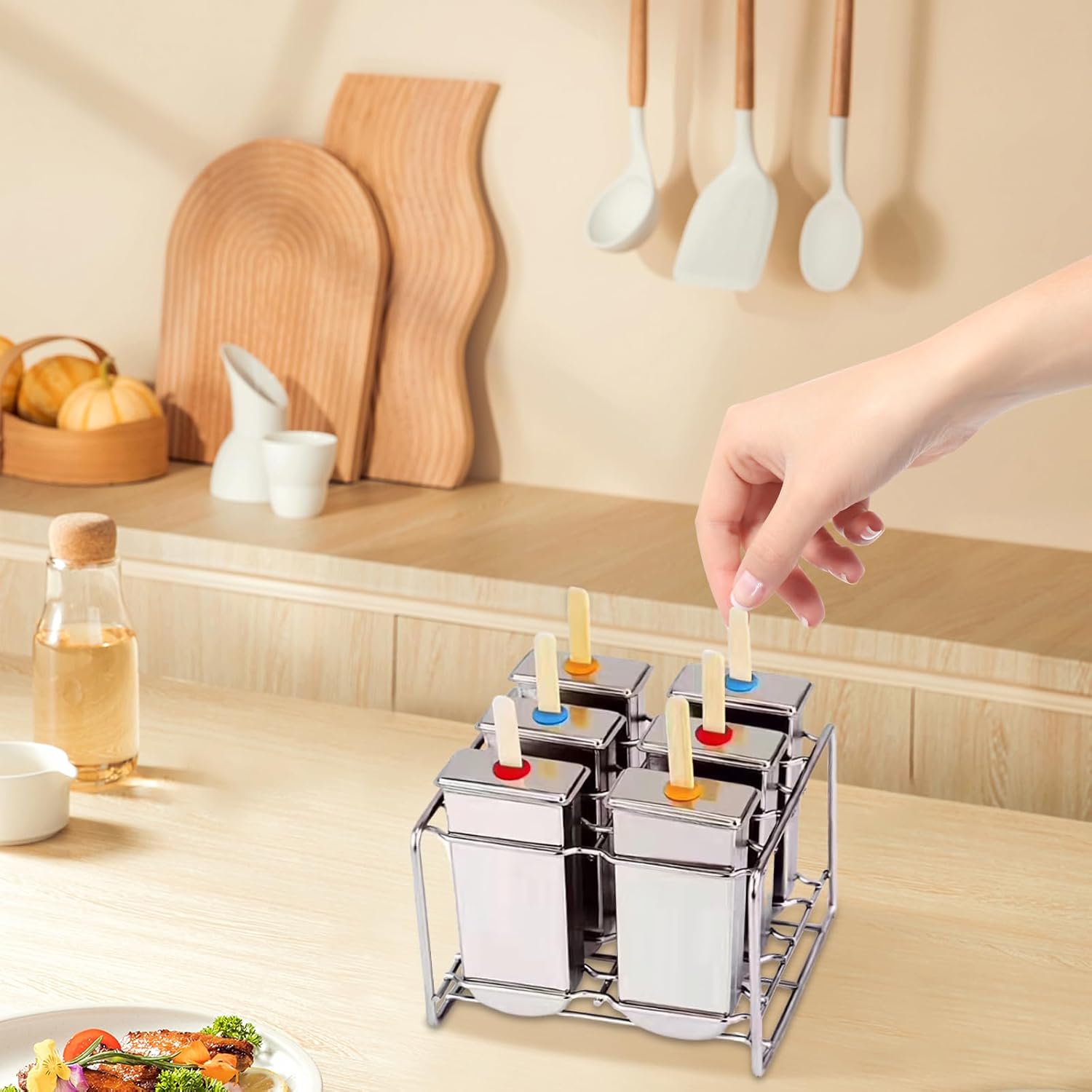 Set of 6 Metal Popsicle Molds,Stainless Steel Ice Popsicle Maker,Ice Pop Molds With Holder（Round & Flat ） (Color-B)