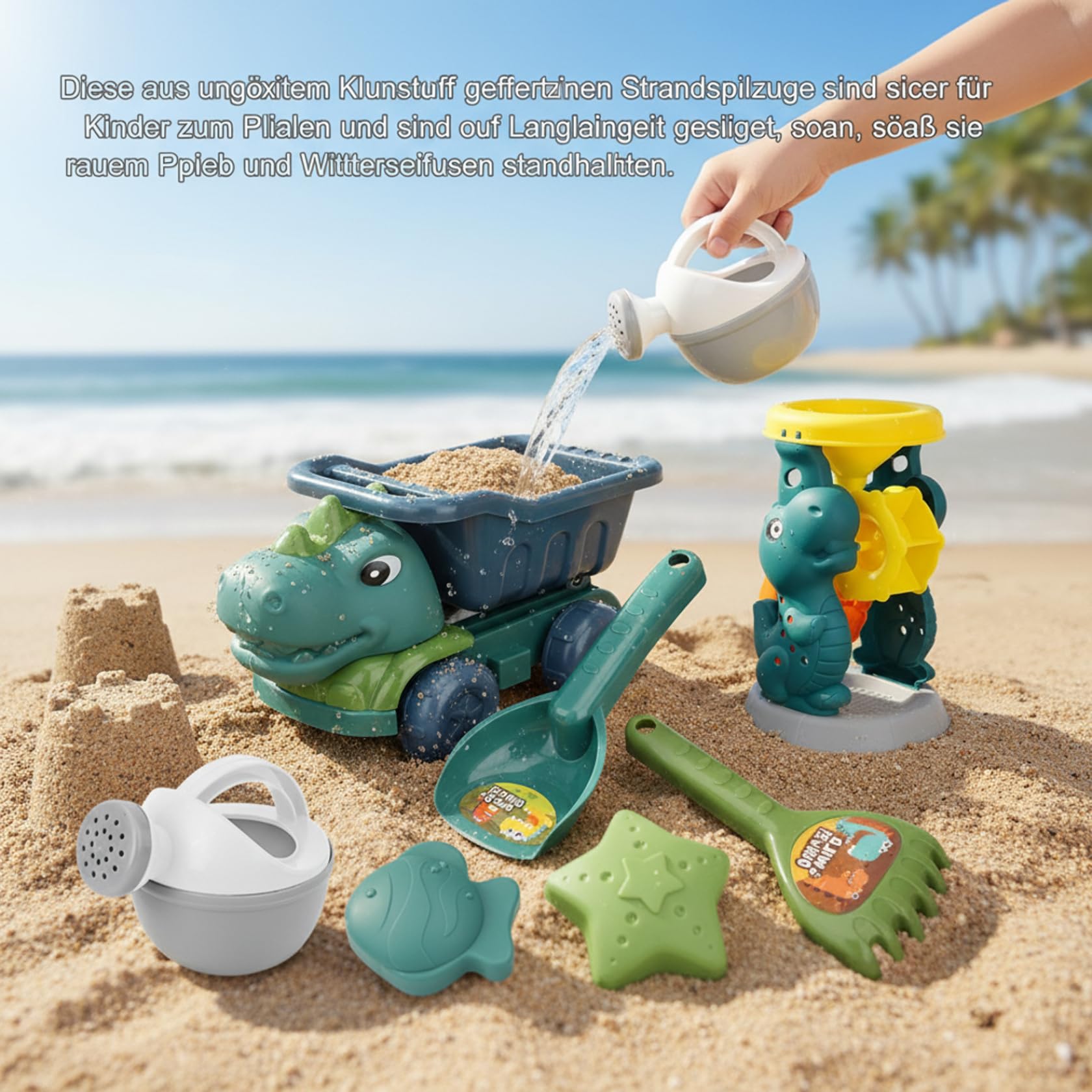 Dinosaurier-Strandspielzeug Dinosaurier-Sandspielzeug-Set 7-teiliges Sandspielzeug mit LKW Sanduhr Schaufeln und Förmchen für Kinder zum Spielen im Freien