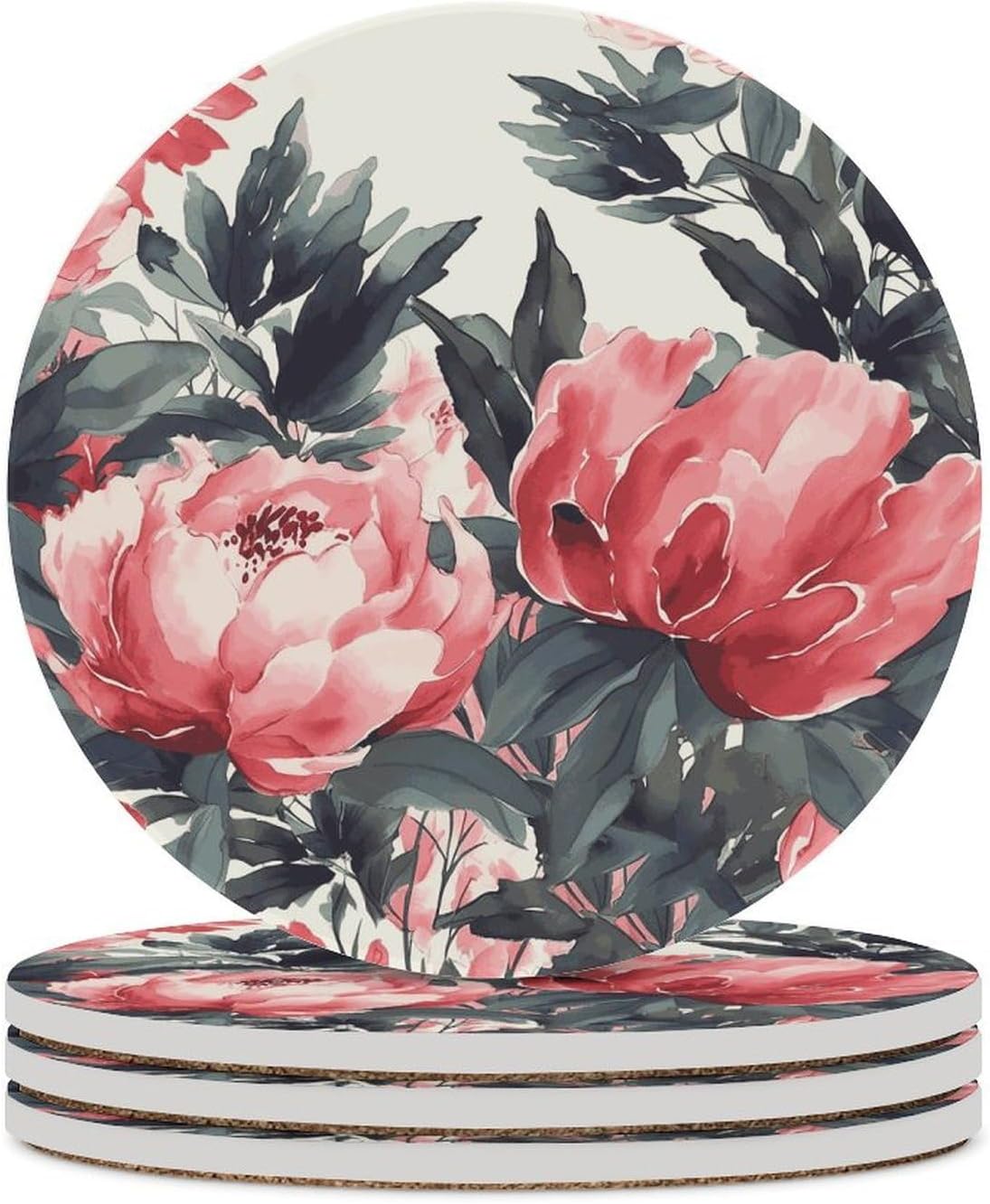Peonies Spring Coaster with Cork Base Drink Coasters for Coffee Table Decor Modern Cup Coasters with Non-Slip & Heat-Resistant Cute Ceramic Table Coaster for Home Dining