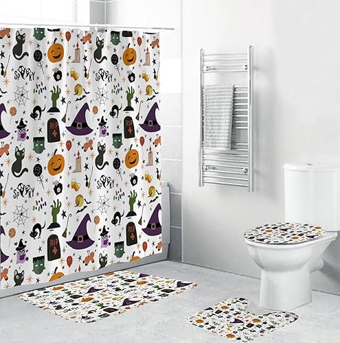 Juego de 4 cortinas de ducha de Halloween, espeluznante cortina de ducha de gato negro con calabaza para decoración de baño de Halloween con