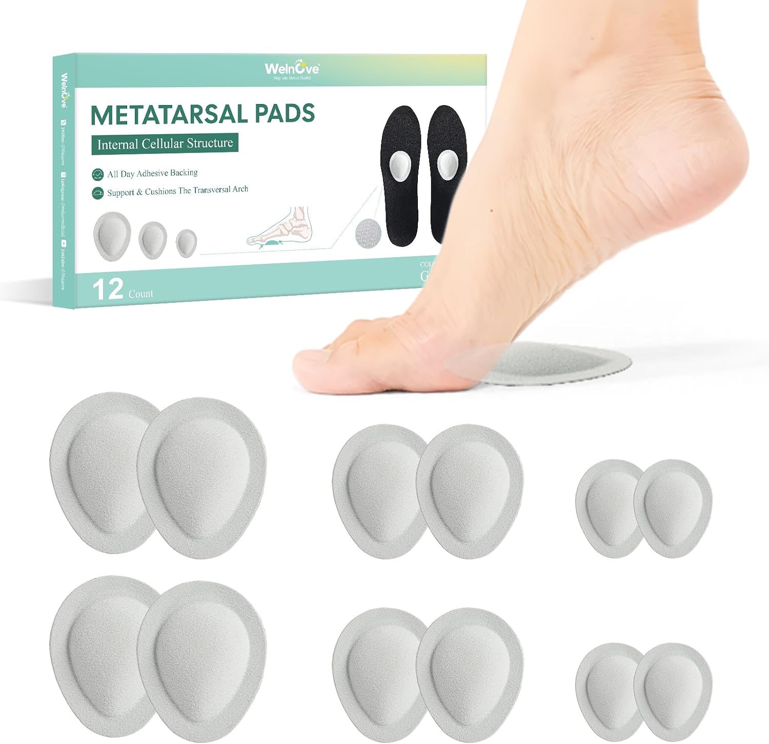 Welnove Metatarsal Pads for Women Men - Drip-Shape - 6 Pairs Breathable Ball-of-Foot Cushions - Soft Ball of Foot Pads for Metatarsalgia, Morton’s Neuroma, Fit for High Heels, Shoes - Gray