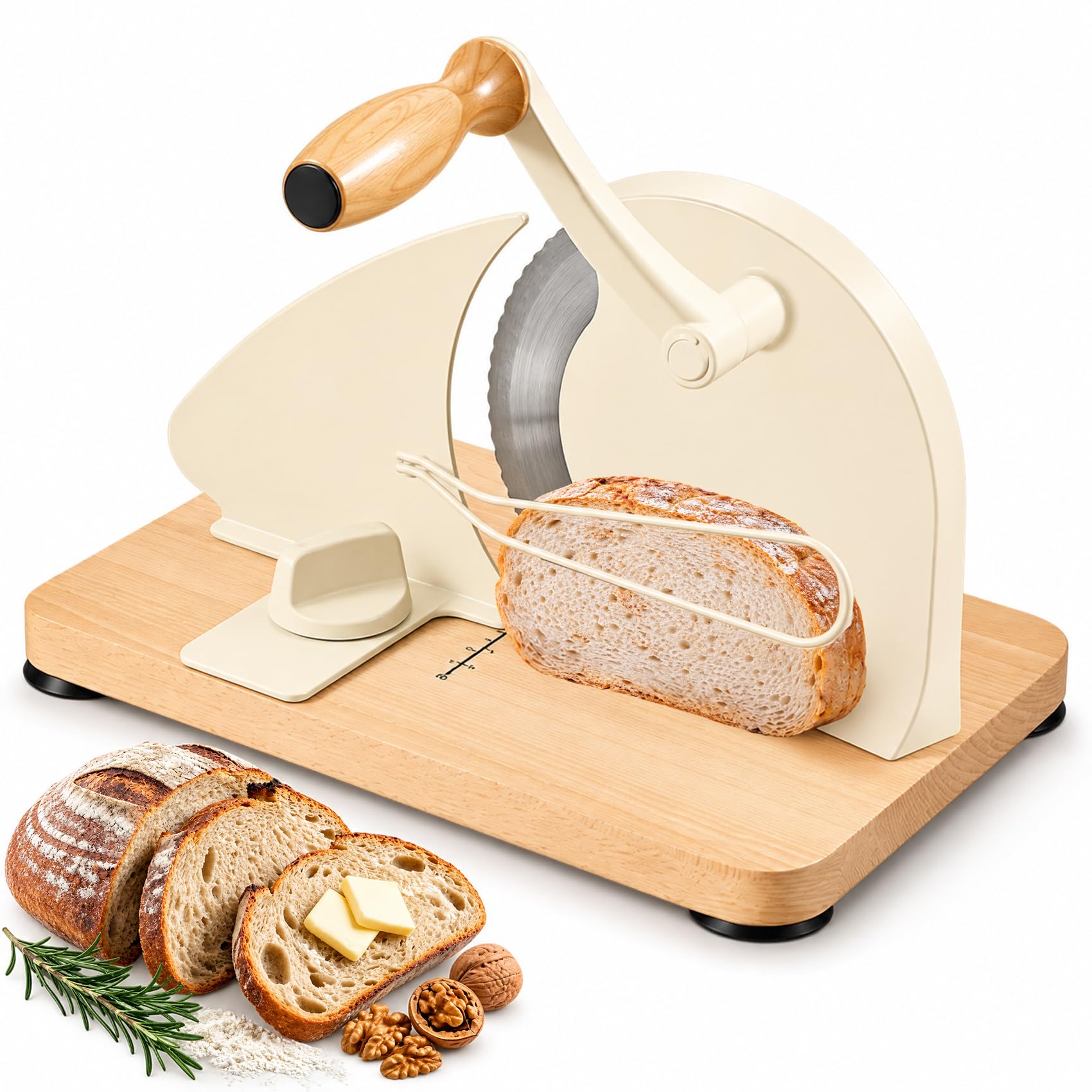 Brotschneidemaschine Manuell mit Handkurbel, Brotschneider 0–23 mm, Verstellbare Schnittstärke, Edelstahlklinge, Führungsschiene, Saugnäpfe, für Sauerteigbrot, Toast, Baguette