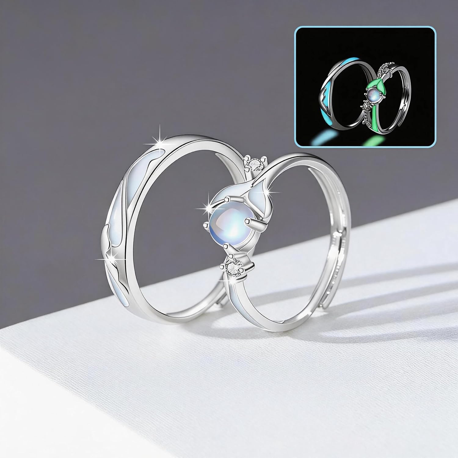 Couple Rings Set Adjustable Moonstone Silver Ring for Women Glow In The Dark Ring Promise Rings for Her And Him Matching Wedding Rings For Couples Valentines Day Jewelry Accessories Gift