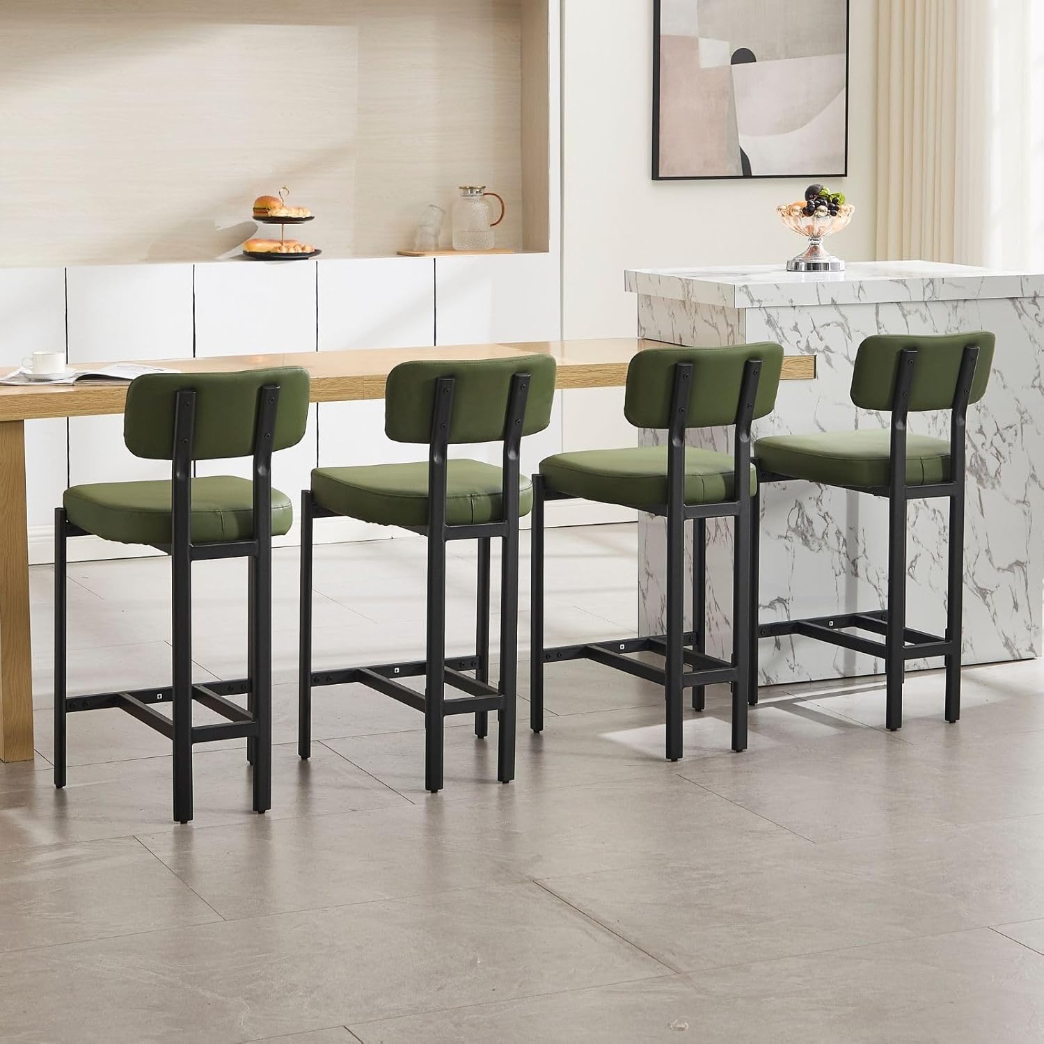 LukeAlon PU Leather Counter Stools Set of 4, Upholstered 26" Seat Height Modern Barstools with Metal Legs Curved Back Kitchen Island Stools for Home Pub, Green