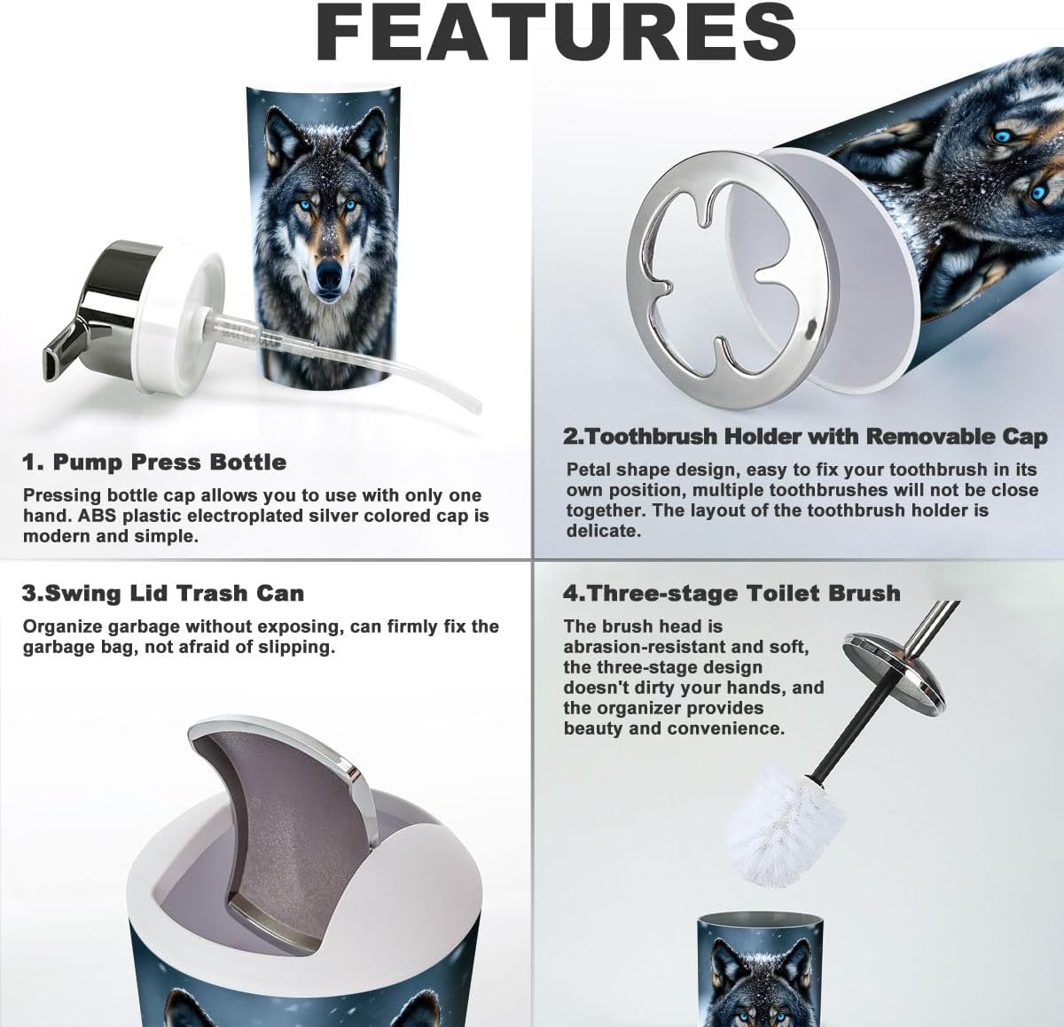 Bathroom Accessories Set 6 Pcs Cute Animal Wolf Head Gem Arts Wolf Snow Blue Eyes Forest Winter Toothbrush Holder Cup Soap Dispenser Soap Dish Toilet Brush Holder Trash Can for Countertop Decor