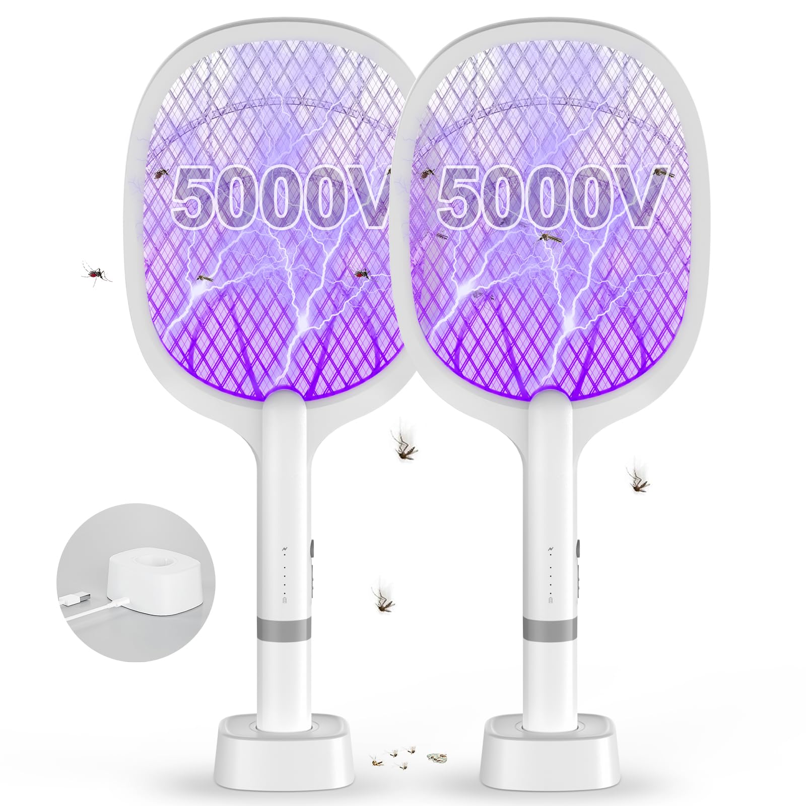 DANGZW Tapette à Mouches Électrique 5000V 2 en 1 2000 mAh USB Rechargeable avec Base de Chargement