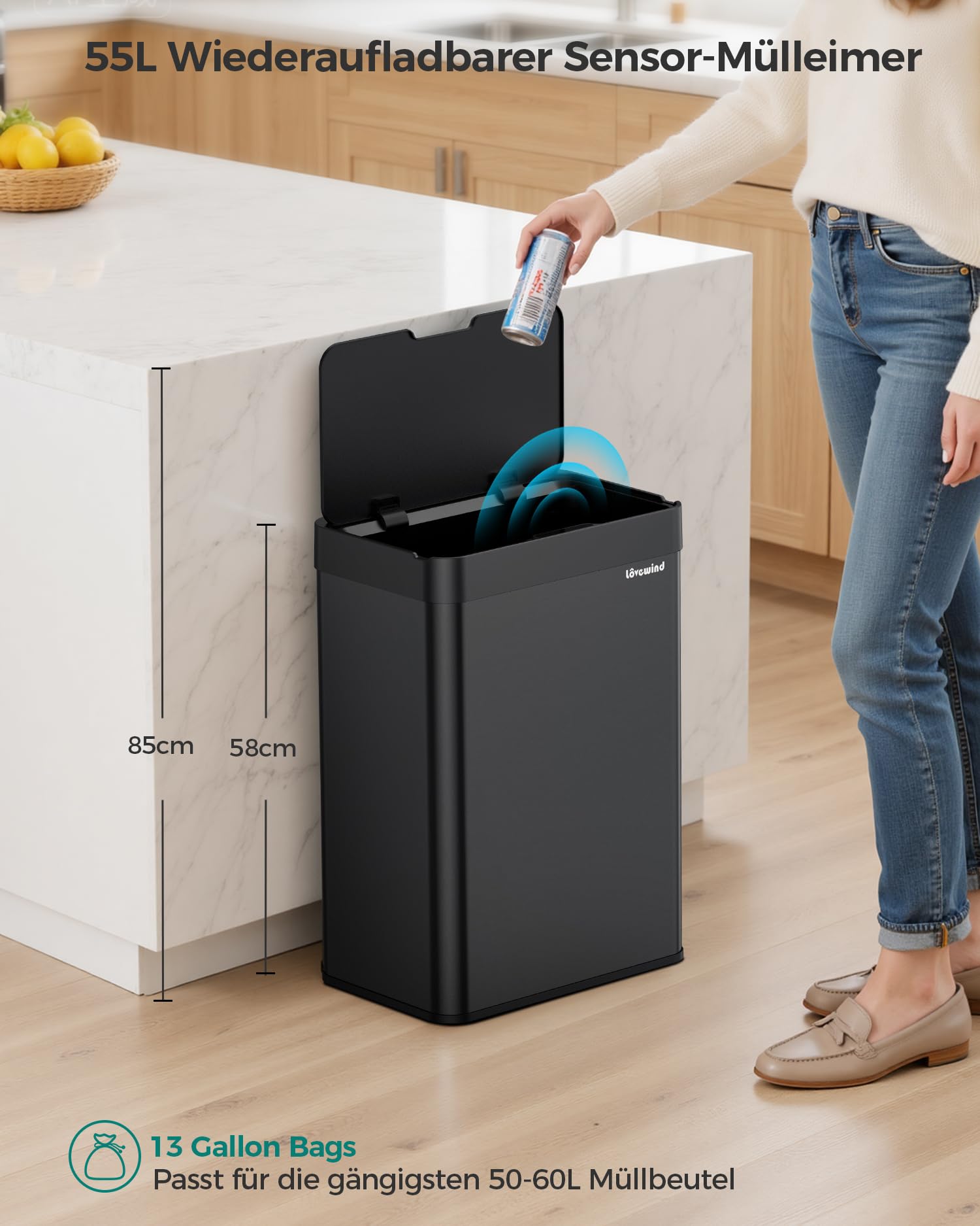 lovewind 55L Sensor Mülleimer Küche, Automatischer Mülleimer mit Sensor & Type-C Aufladung, Edelstahl Abfalleimer mit Deckel, Berührungsloser Küchenmülleimer, Soft-Close Deckel, Geruchsdicht, Schwarz