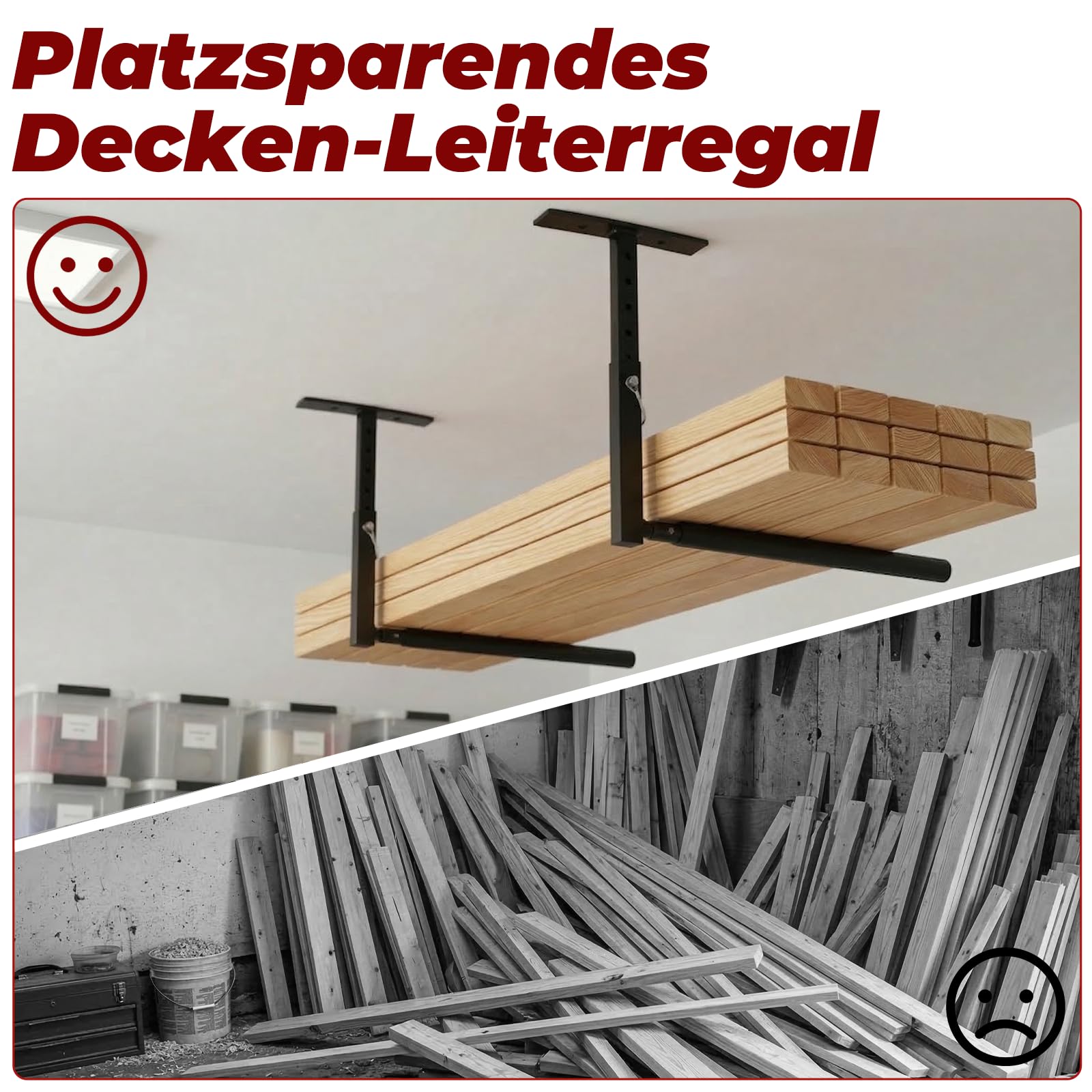 Deckenregal Hängeregal Höhenverstellbarer,2 Stück Verstellbares Überkopfleiterregal,dachbox wandhalterung aus Metall,Hängevorrichtung Tragkraft 40kg für Garage Decke Leiter Kajak,Schwarz