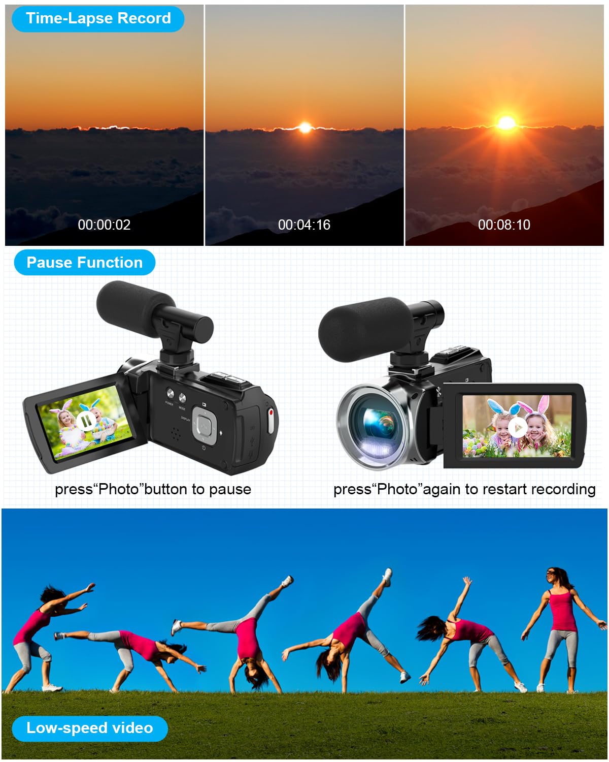 Videocamera FHD 2.7K 36MP Vlogging Camera per YouTube Videoregistratore 3 pollici 270 gradi di rotazione dello schermo Videocamere per le riprese con microfono, scheda SD da 32 GB e 2 batterie