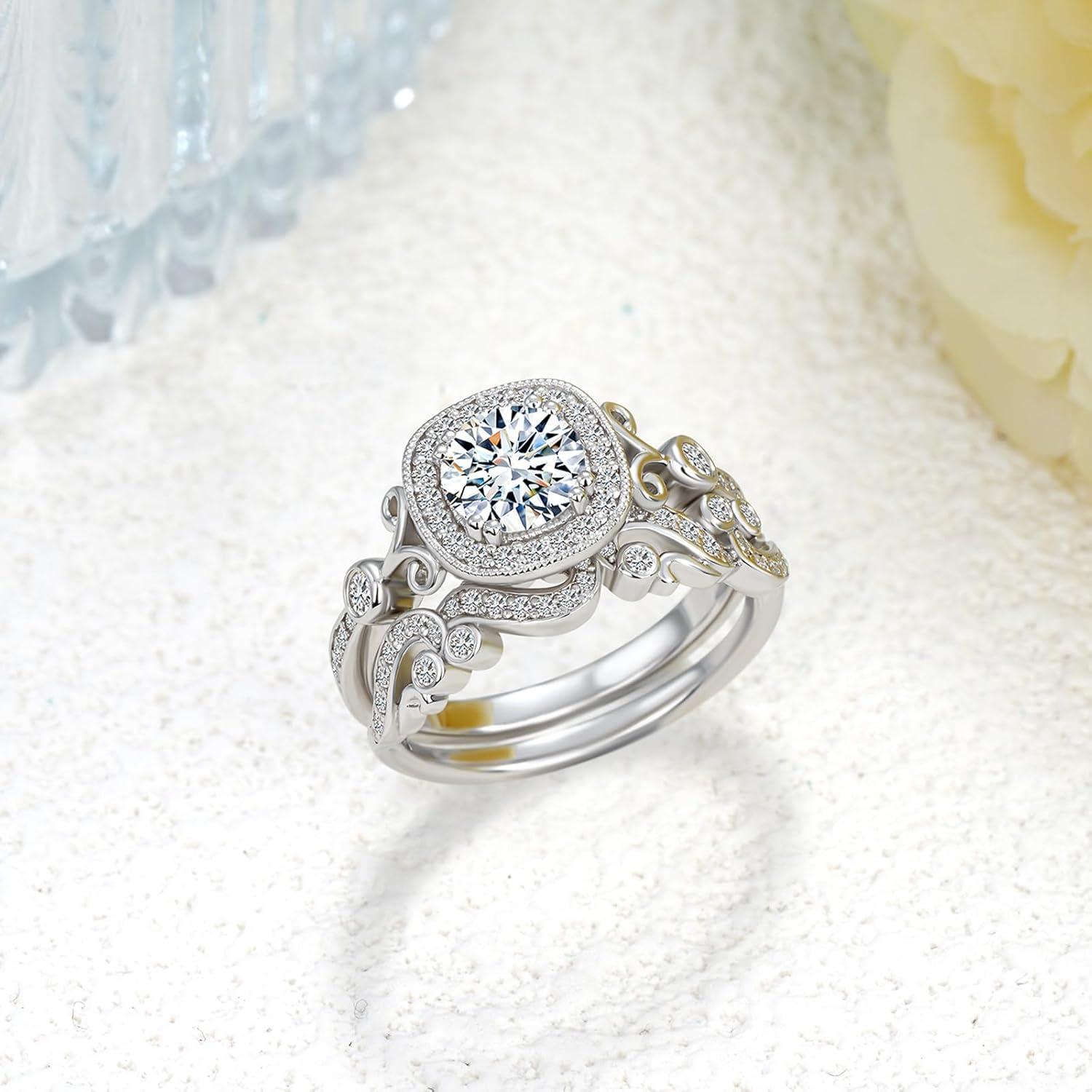 Round Cut Moissanite Wedding Set Rings for Women, 925 Sterling Silver 1 CT Round Shaped Moissanite Engagement Bridal Set Ring Milgrain Halo Jewelry Gifts for Anniversary Christmas