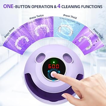 Ultrasonic Retainer Cleaner Machine, 45kHz Ultrasonic Denture Cleaner with 200ML Capacity & 4 Modes for Dental Cleaning Pod, Aligners, Mouthguards, Retainers, Jewelry, Purple