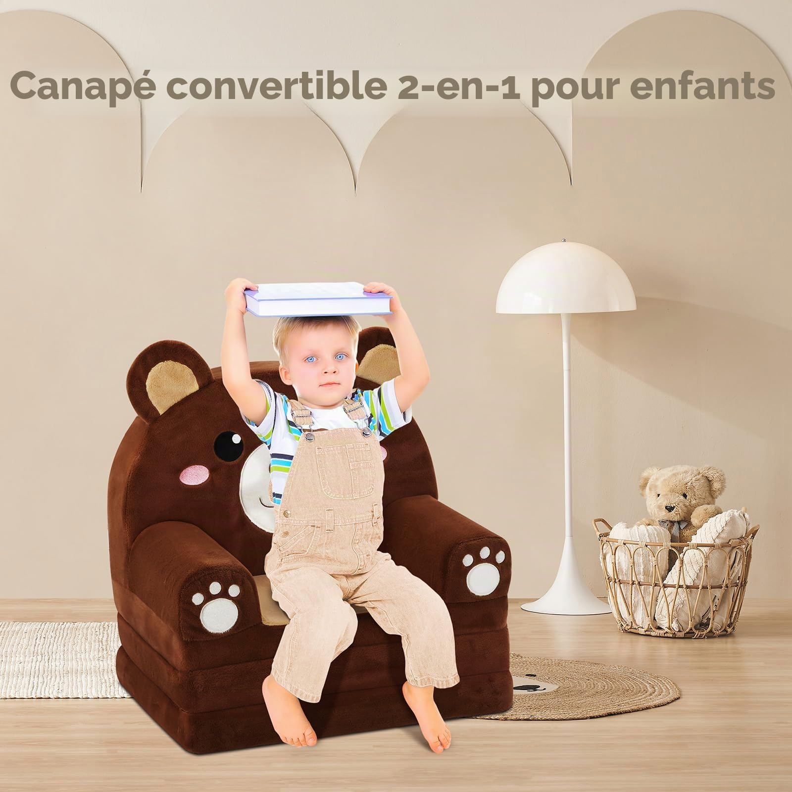 decalsweet Canapé pour Enfants Canapé-Lit Convertible 2 en 1, Peluche Pliable Fauteuil Soft avec Fermeture Éclair, Chauffeuse Enfant Stable pour Chambre d'enfant, Petit Canapé Bebe Ours