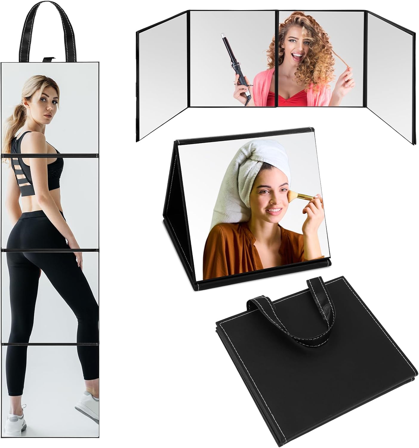 3 Way Foldable Full Length Mirror with Handle 31.89 x 11.22 Inches Leather Portable Camping Travel Hanging Folding Body Mirror for Makeup Dance Fitness Spa Hair Styling (Black,Classic)