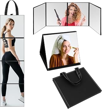 3 Way Foldable Full Body Mirror Portable Travel Fitness, Black