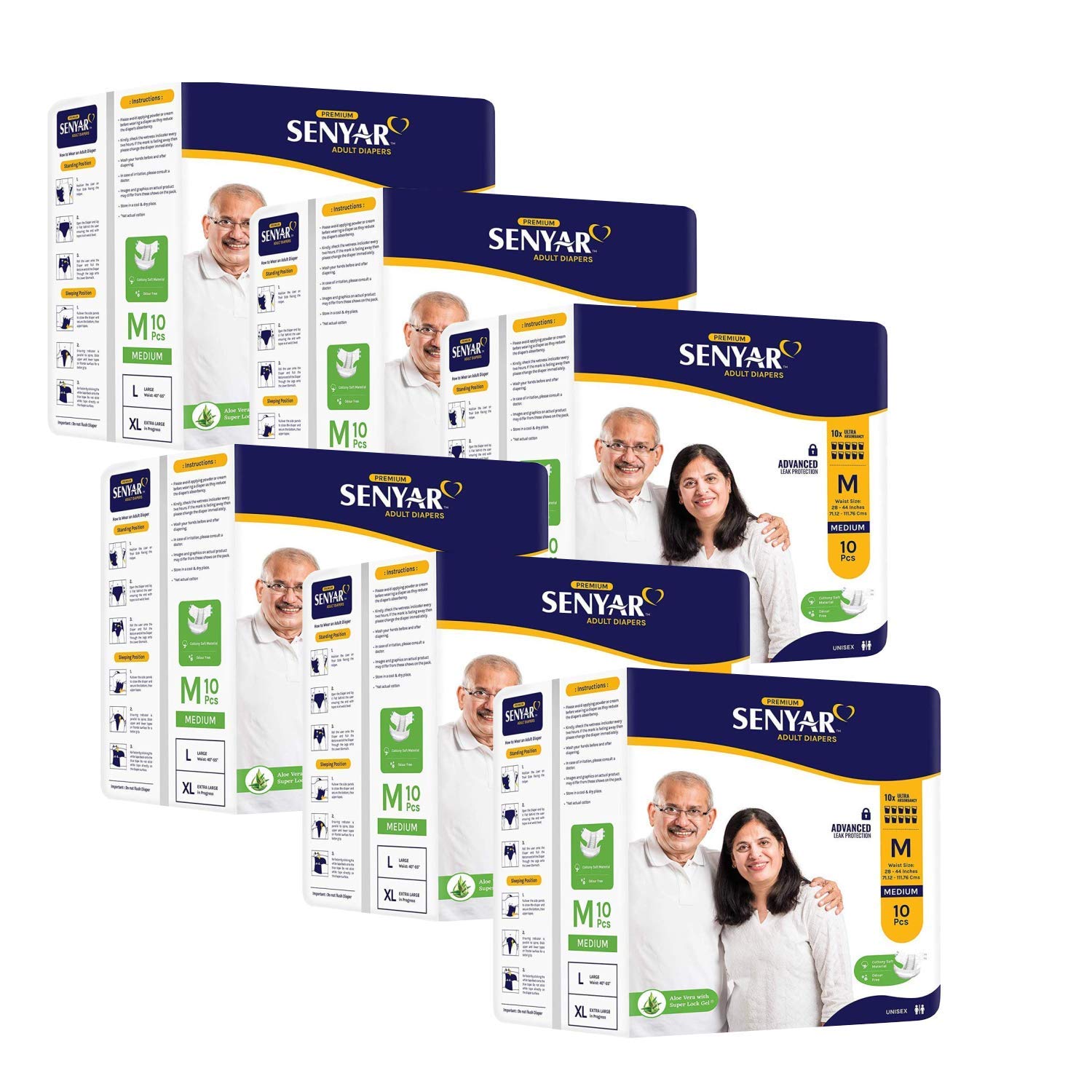 Senyar Unisex Adult Diaper with Aloe Vera & Super Lock Gel, Medium Waist Size (28" to 44" inches) - 60 Pieces