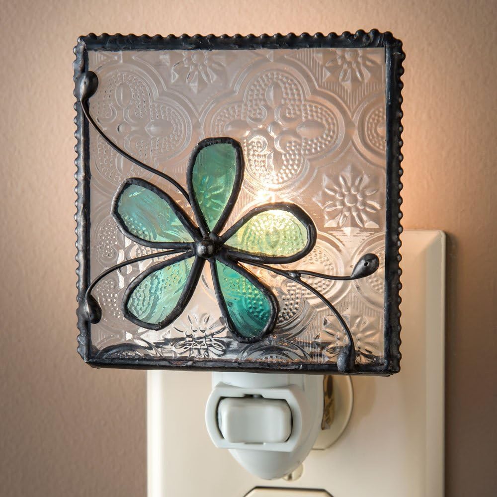 J Devlin Glass Art Flower Stained Glass Night Light, Turquoise Blue, Plug in nightlight for Bedroom/Bathroom/Stairway/Hallway Home Decor NTL 129-3