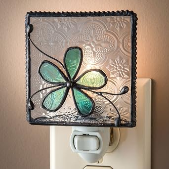 J Devlin Glass Art Flower Stained Glass Night Light, Turquoise Blue, Plug in nightlight for Bedroom/Bathroom/Stairway/Hallway Home Decor NTL 129-3